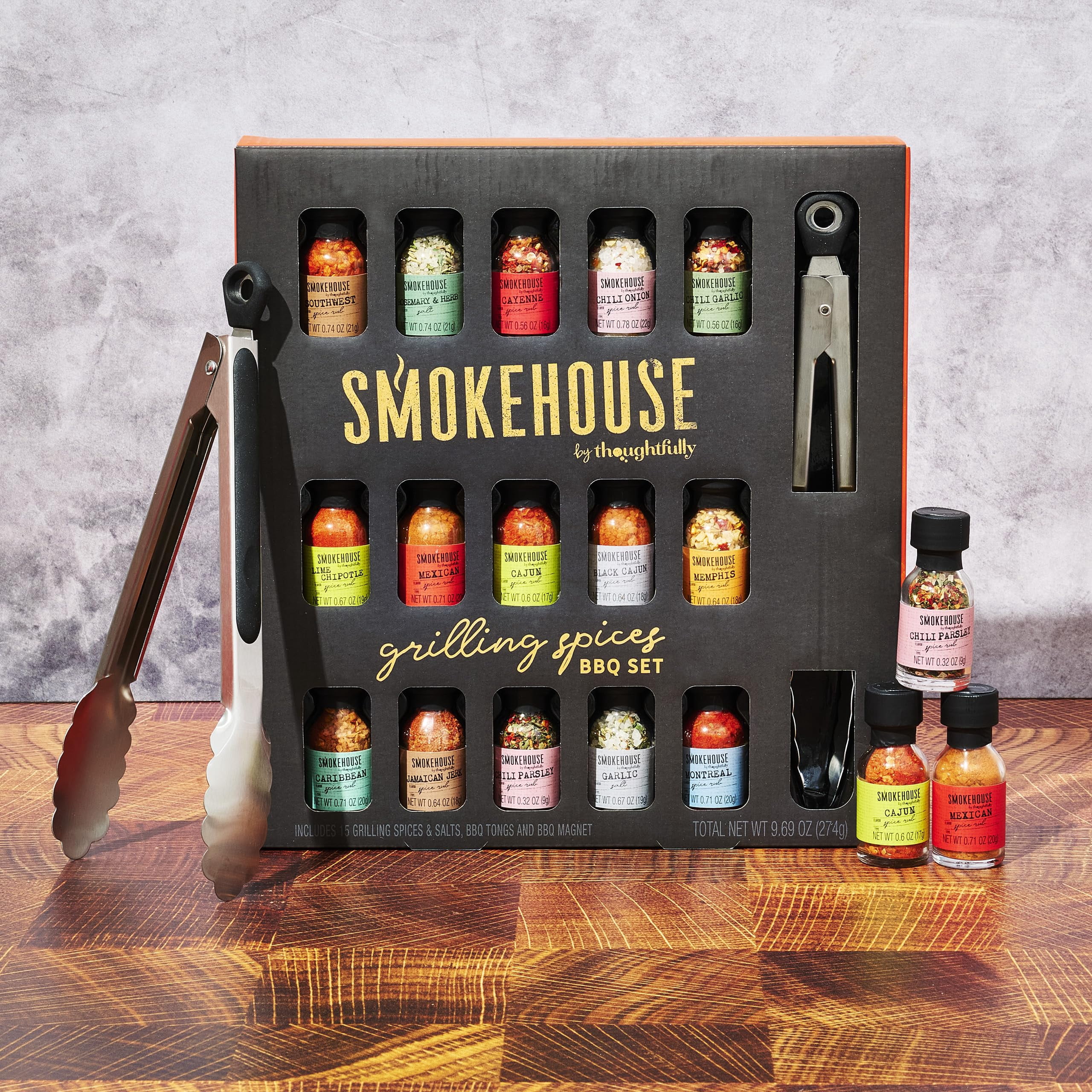 Thoughtfully Smokehouse Grilling Spices BBQ Set with Tongs and Magnet (15 Piece Set) gulfb