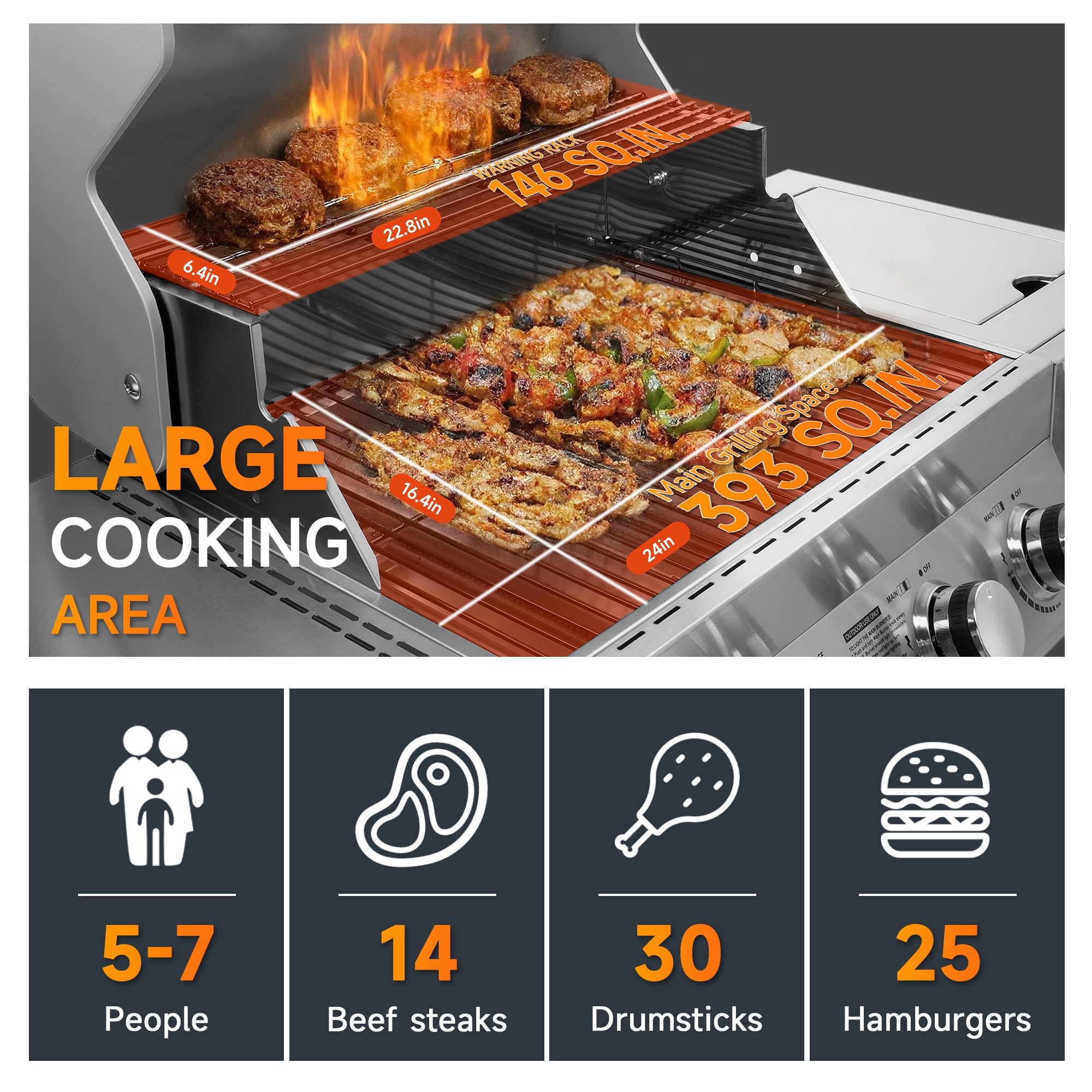SKOK 4-Burner Gas Grill with Side Burner, Outdoor Propane Barbecue for Patio and Backyard (58,000 BTU, 393 sq.in Cooking Surface) 8a8uj