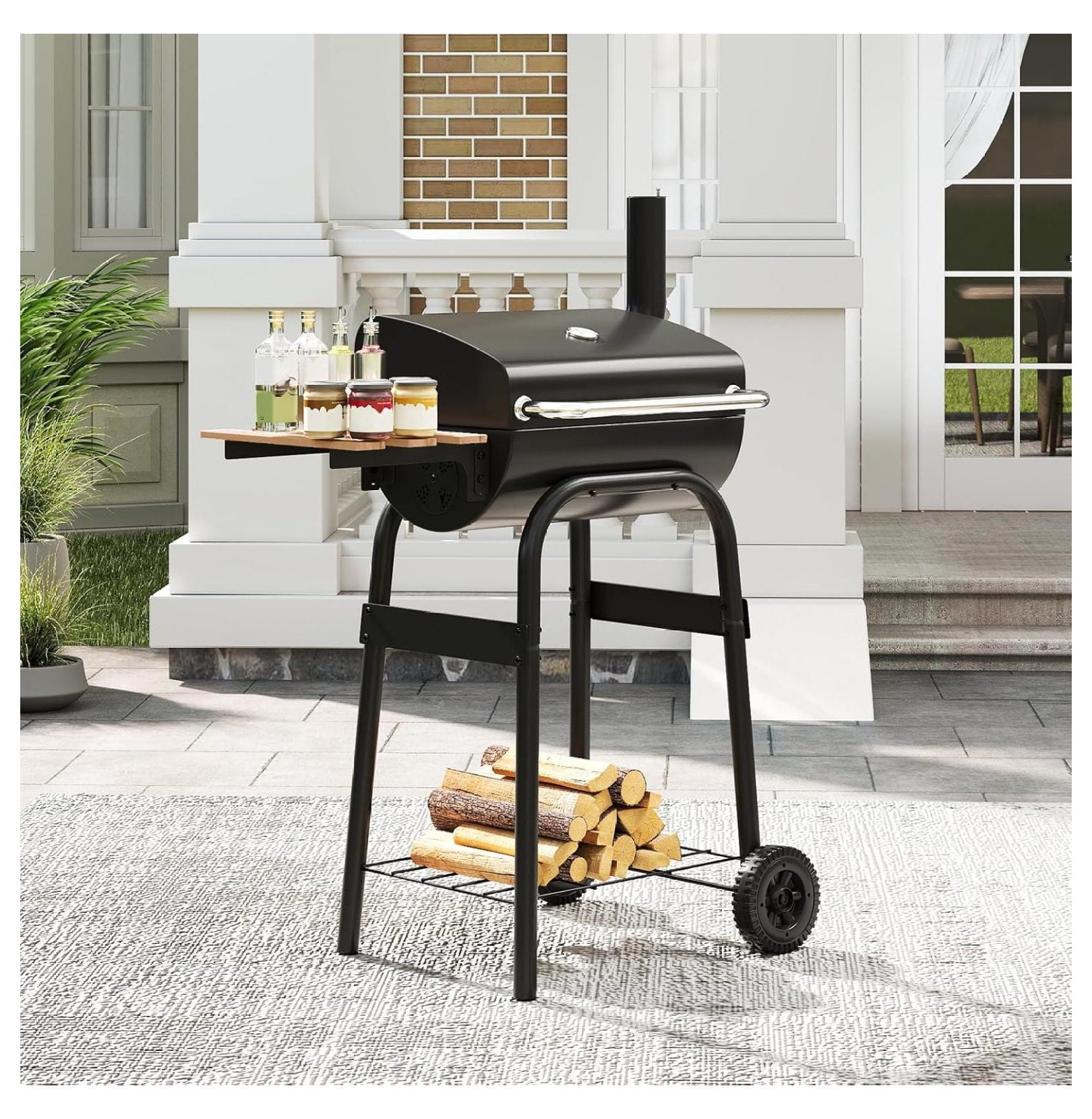 SHUZHIWANSHANG Charcoal Grill, Outdoor BBQ Smoker with Foldable Side Table and Wheels (198 sq in) e2x14
