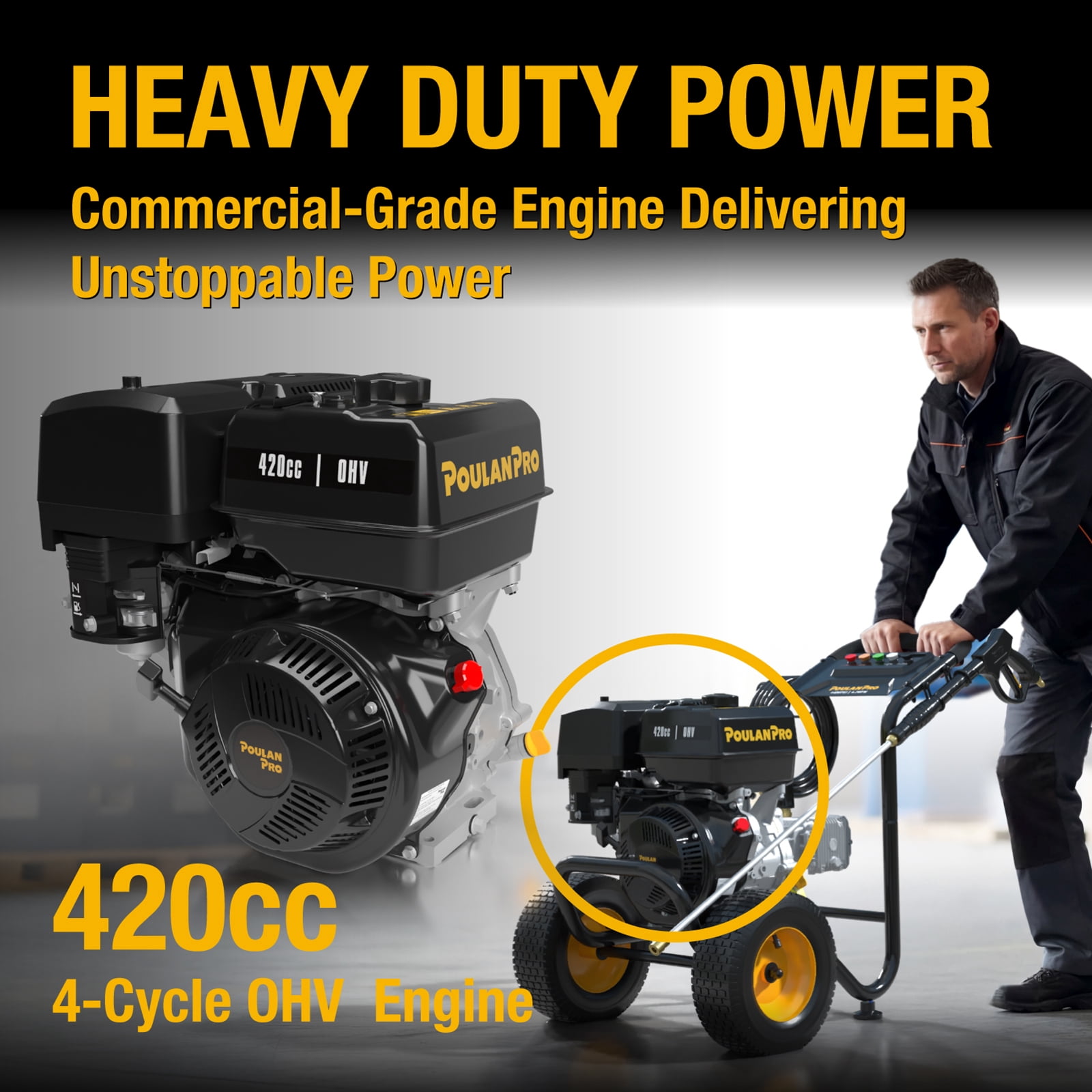 Poulan Pro Gas Pressure Washer (4400 PSI, 4.2 GPM, 420cc Engine, 50 ft Hose, 12 in Wheels) voi2l