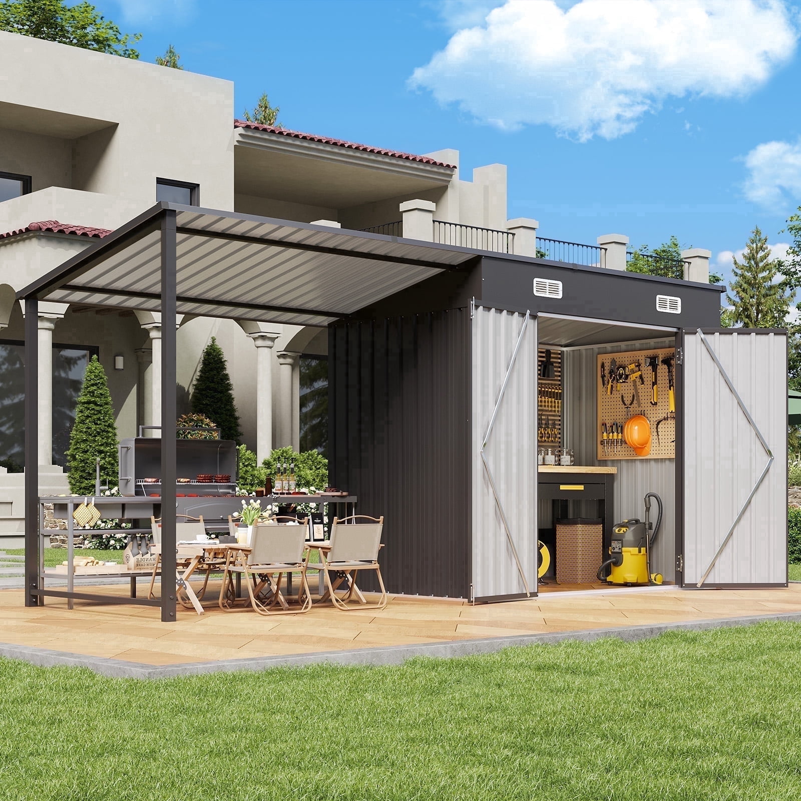 CLOUDDWELL Metal Storage Shed with Hardtop Pergola (Black, 153 in x 50 in x 73 in) zimnn