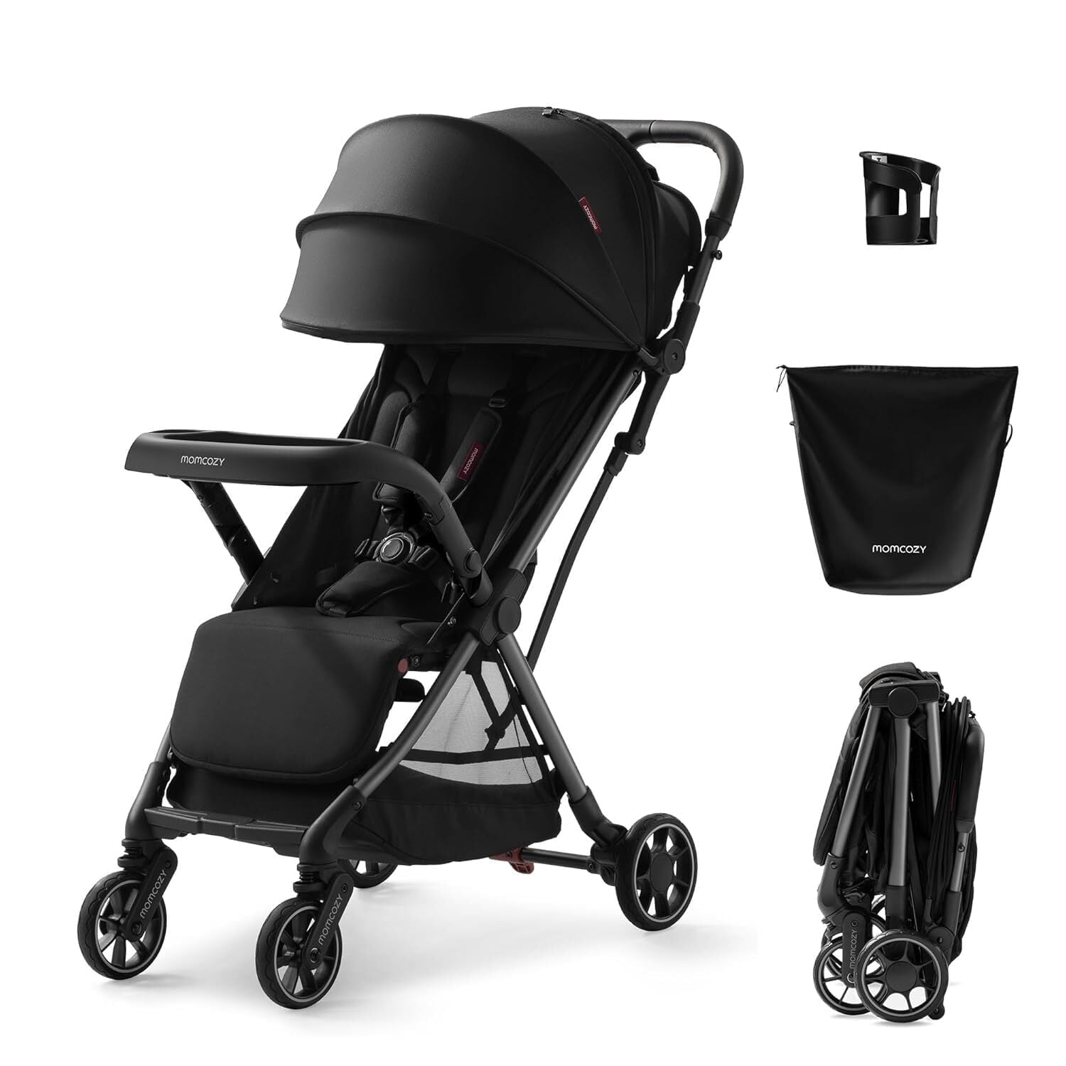 Momcozy ClickGo Lightweight Travel Stroller, Compact One-Click Fold Stroller with UPF50+ Canopy (Black, 50 lb) 1boej