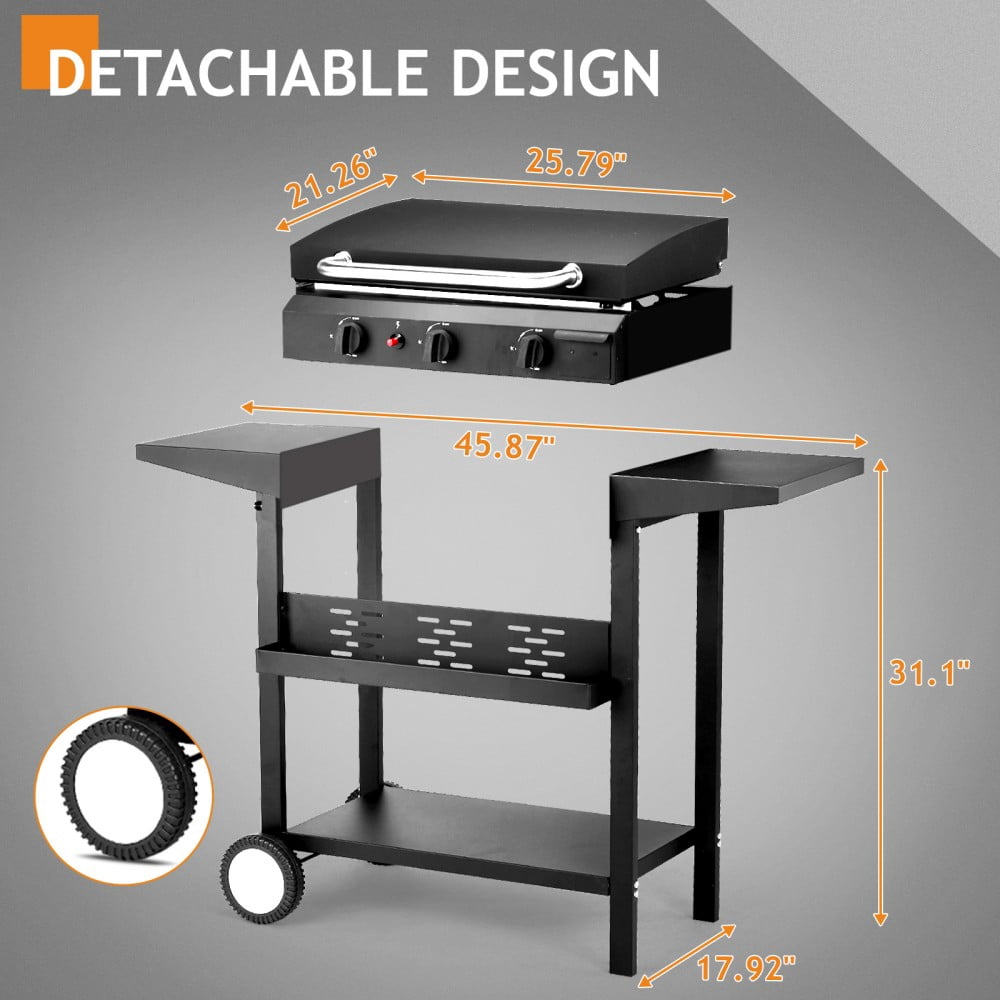 IVV 3-Burner Propane Gas Flat-Top Griddle, Outdoor Cooking Station with Side Shelves and Spice Rack (Black, 23.2 in x 14.2 in) nbwtq