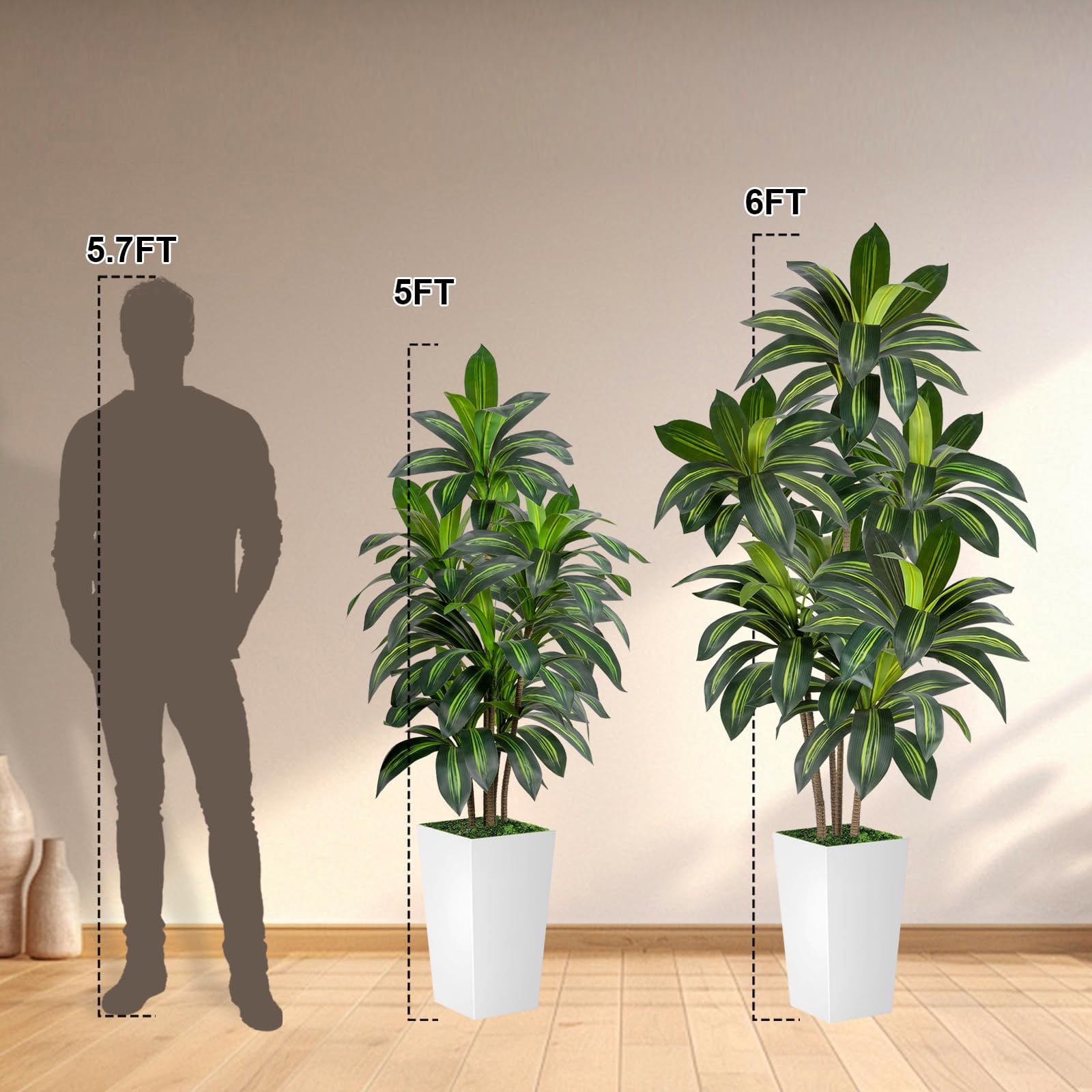ROMSWI Artificial Dracaena Tree with Modern Square Planter (White, 5 ft) c4mt6