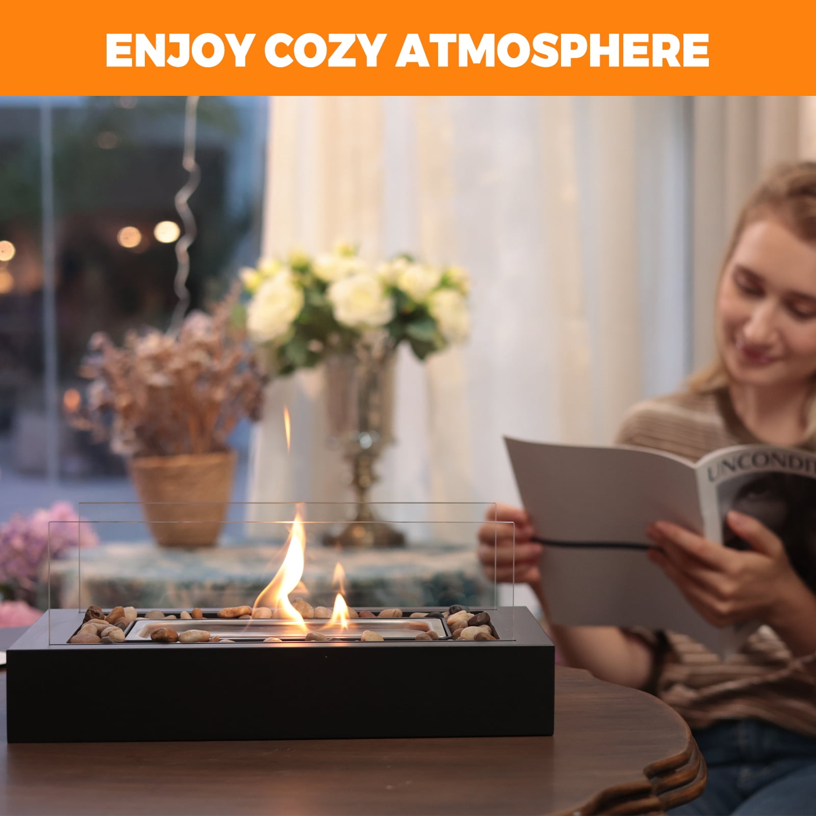 EAST FLAME Rectangular Tabletop Fire Pit with 2 Sided Tempered Glass, Portable Indoor Outdoor Fireplace (Beige, 13.8 in x 7.1 in x 8.3 in) 5wmgm