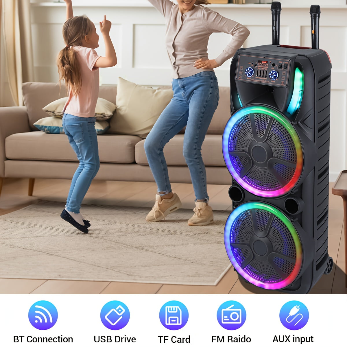 Lohoms Dual 15 in Karaoke Speaker System with 2 Wireless Microphones, Portable Bluetooth Party Box with LED Lighting (Black, 15 in) 3blbz