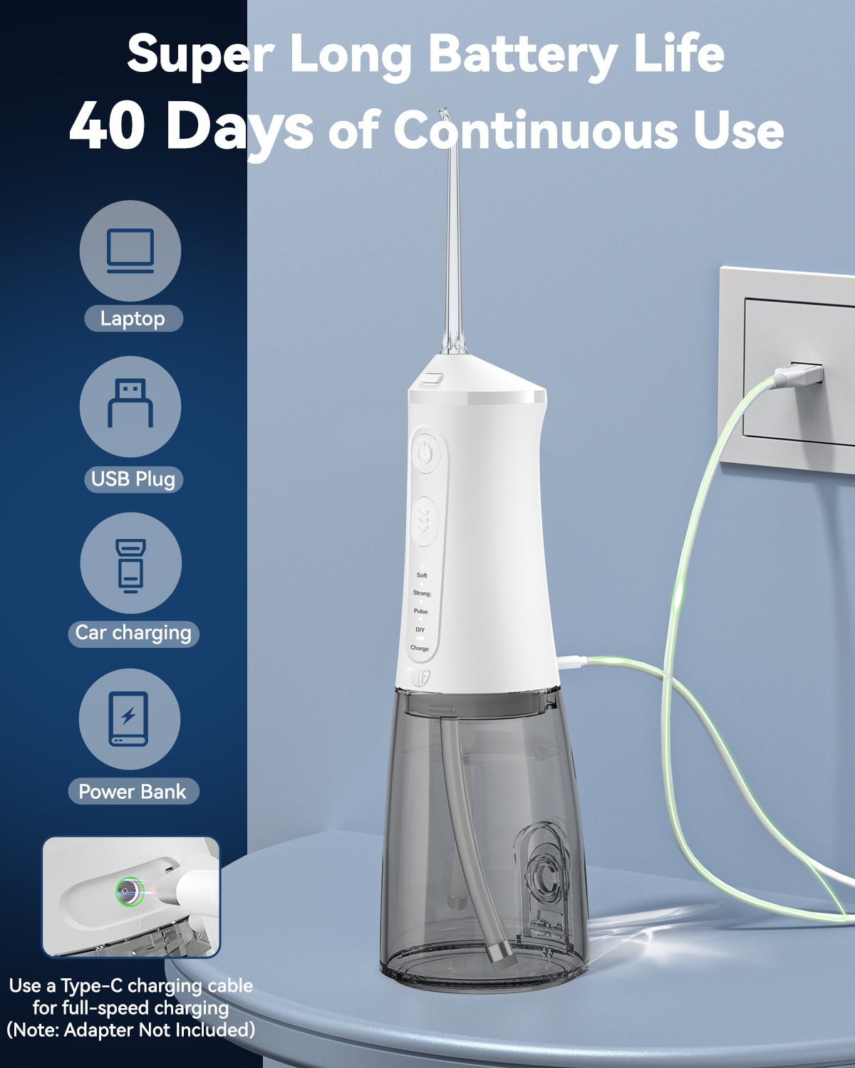 JTF Cordless Water Flosser Dental Oral Irrigator with 9 Jet Tips and 4 Pressure Modes (White, 10.14 fl oz) 3yyi2