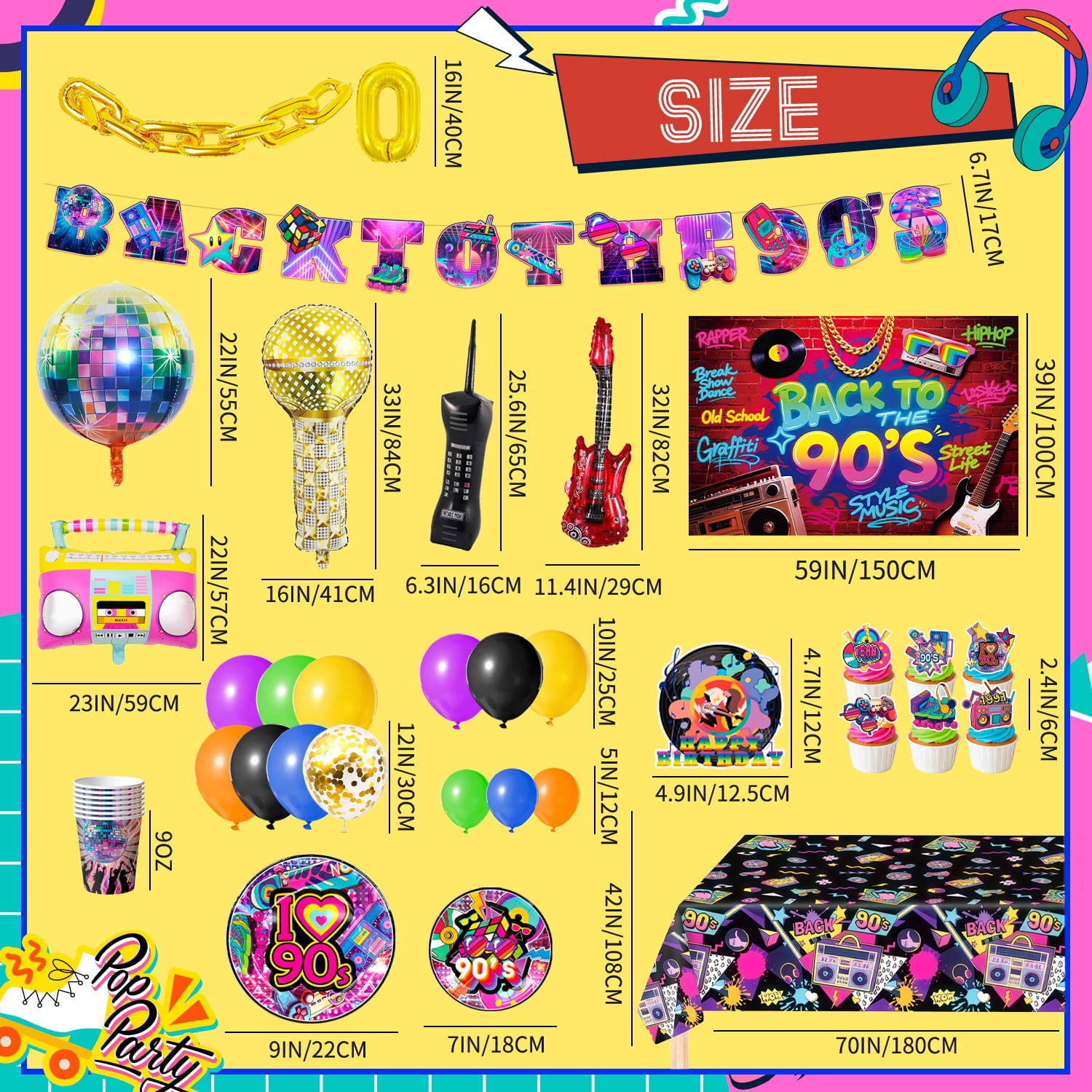 ElifJoyDeco 90s Party Decorations Birthday Supplies Set with Backdrop Balloons and Tableware (128 Pieces) swqdf