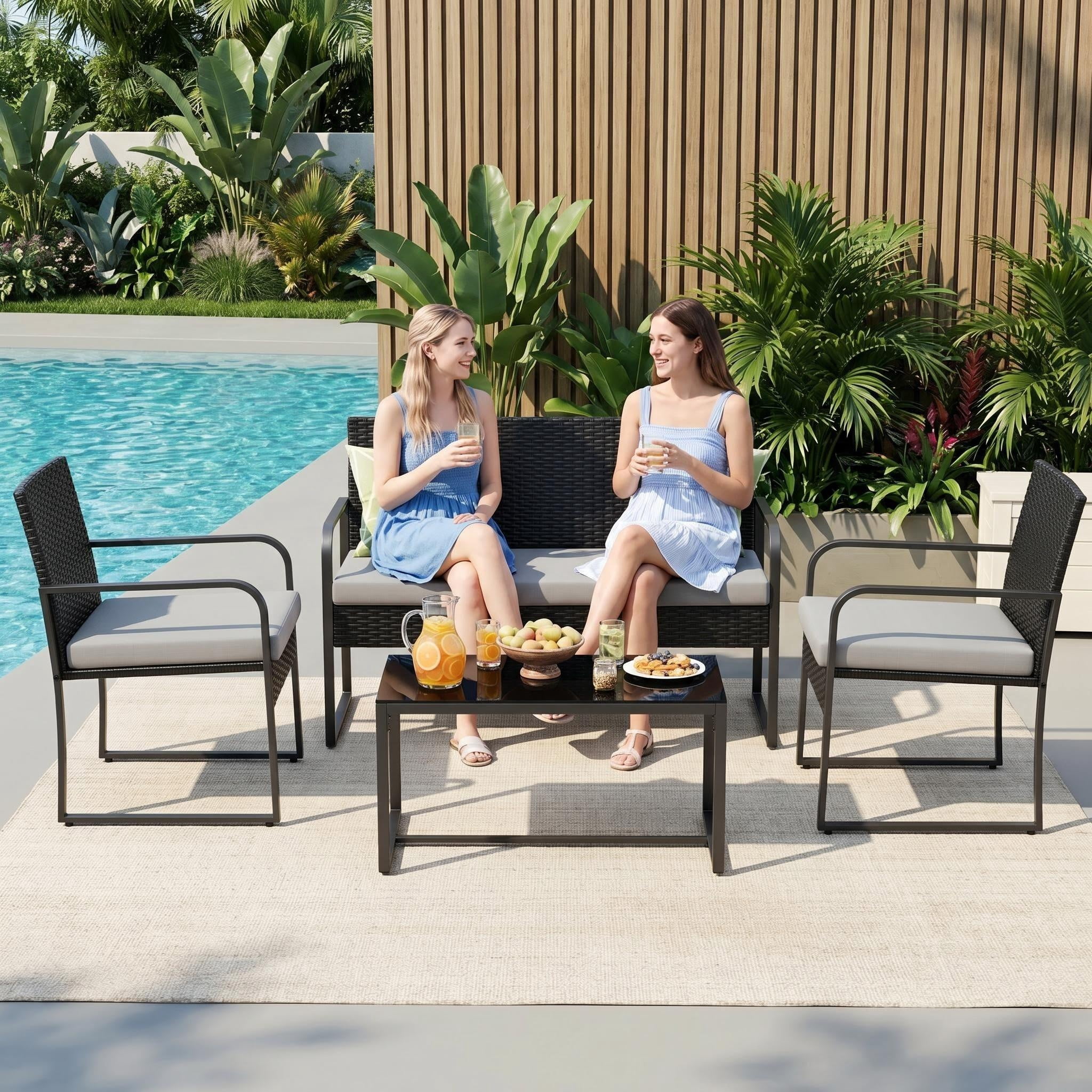 Lofka 4-Piece Outdoor Patio Furniture Set with Coffee Table and Cushions (Gray, 4-Piece Set) z0uix
