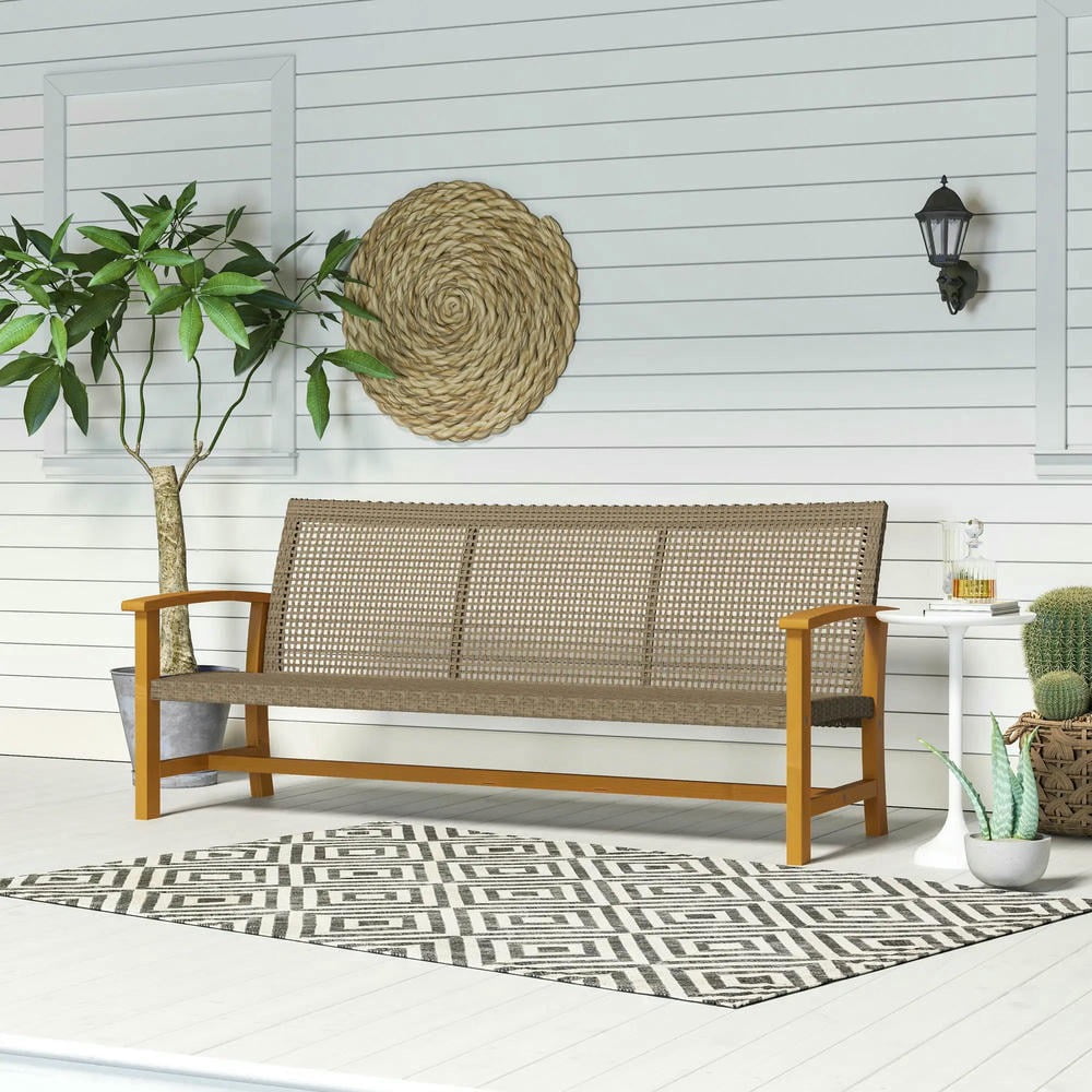 Barara King 3-Seat Outdoor Wicker Sofa, Acacia Wood Patio Couch with Steel Frame (Brown, 75 in) j0tuo