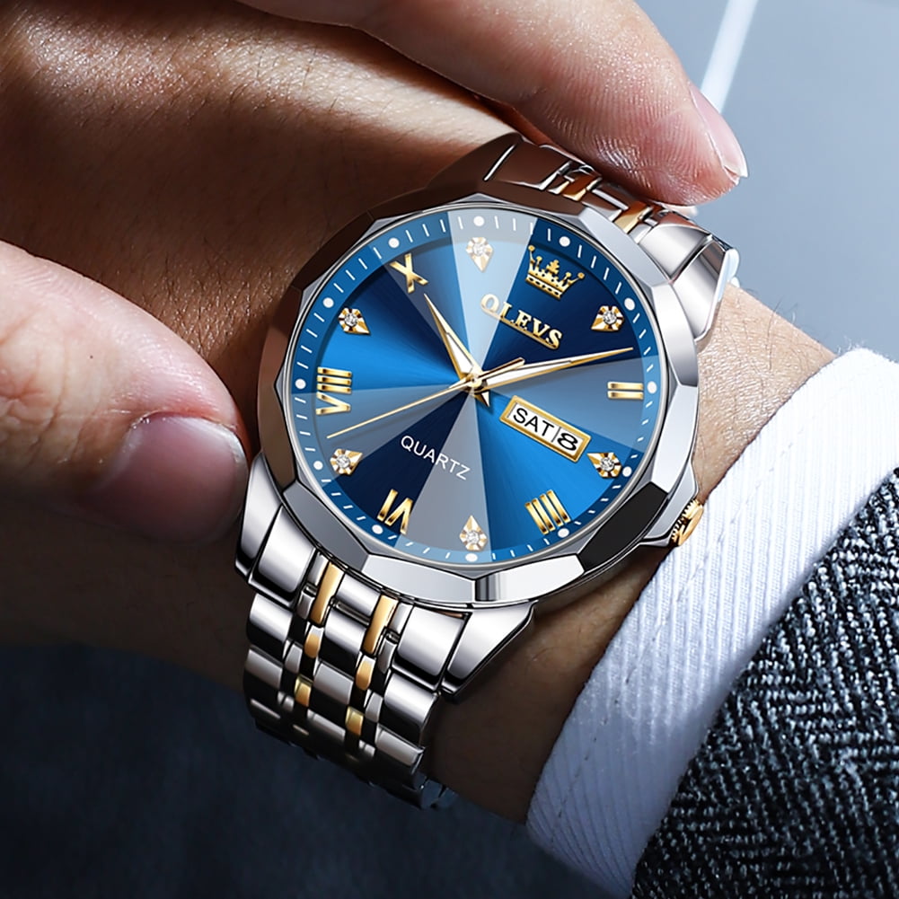 OLEVS Men's Diamond Analog Quartz Dress Watch Stainless Steel Waterproof Business Wristwatch (Blue, 1.6 in) fduvn