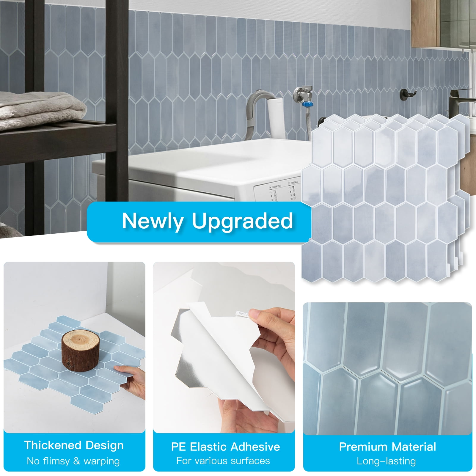 Art3dwallpanel Peel and Stick Backsplash Tiles, Heavy-Duty Self-Adhesive Vinyl Wall Decor (Blue, 10 Pack, 12 in x 12 in) jepdc