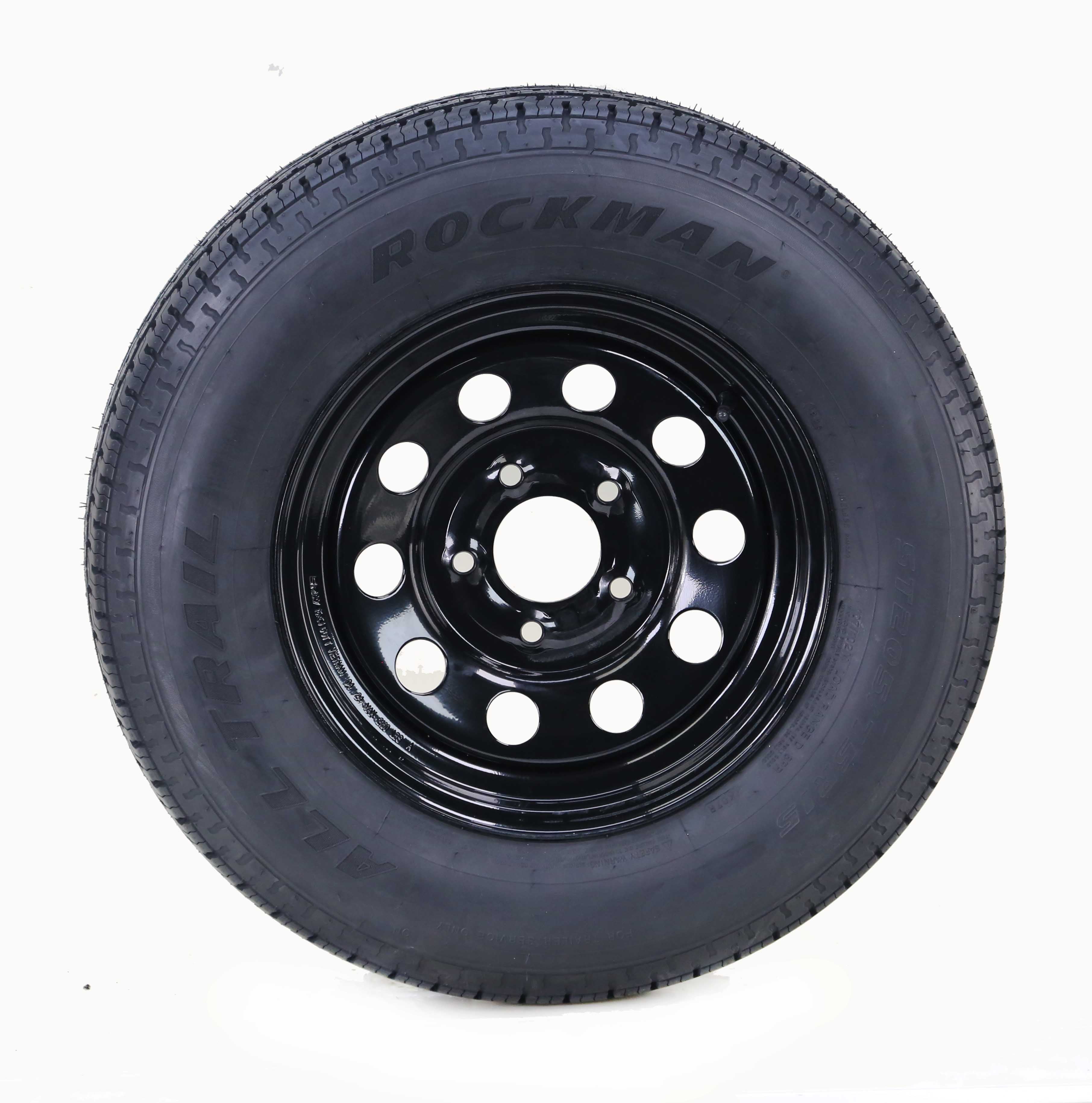 ROCKMAN Trailer Tire and Wheel Assembly (ST205/75R15, 8-Ply, 5 Lug on 5 in PCD, Black Mod Rim) dq7i2