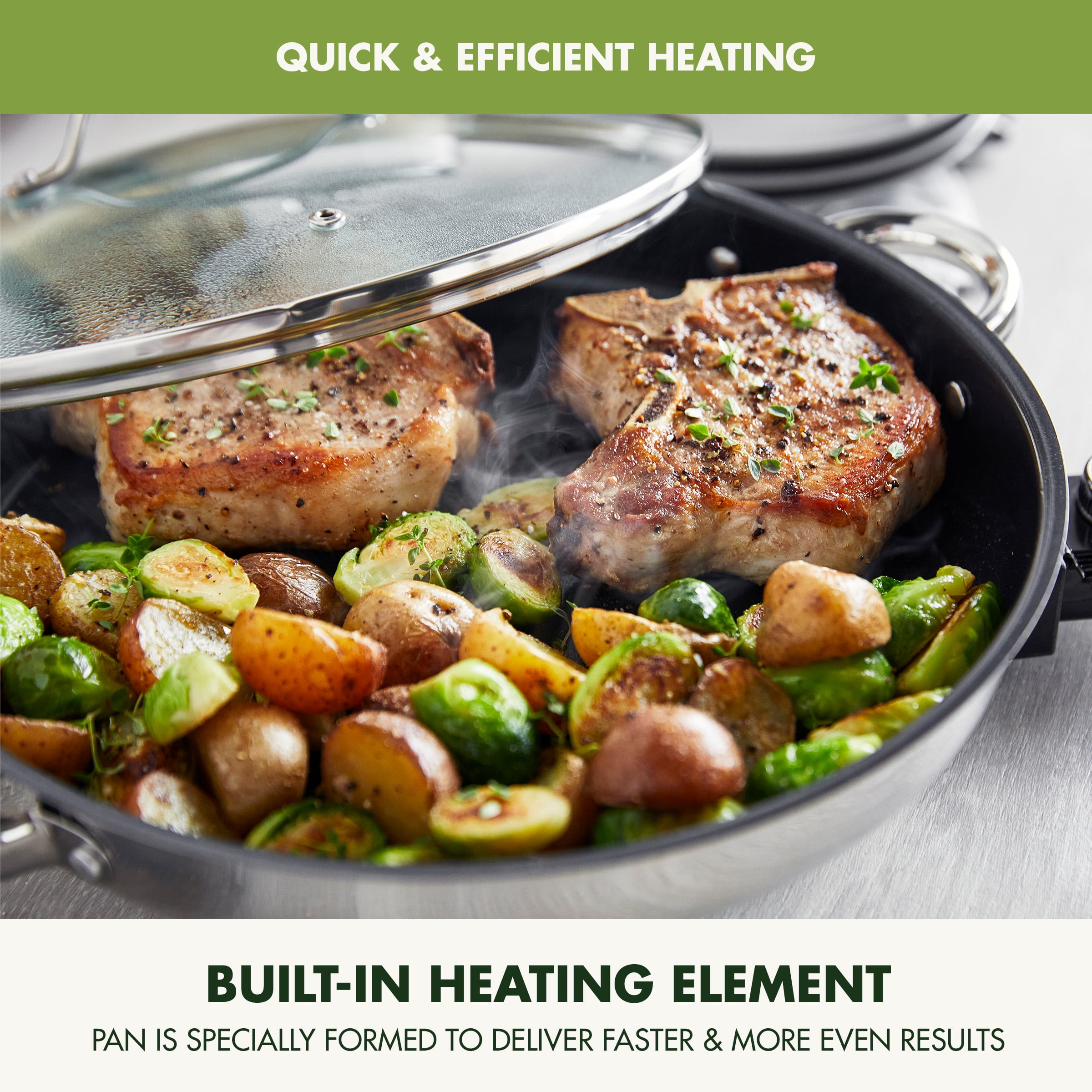 GreenPan Stainless Steel Electric Skillet with Ceramic Nonstick Coating (Silver, 12 in, 3.3 qt) 9en3k