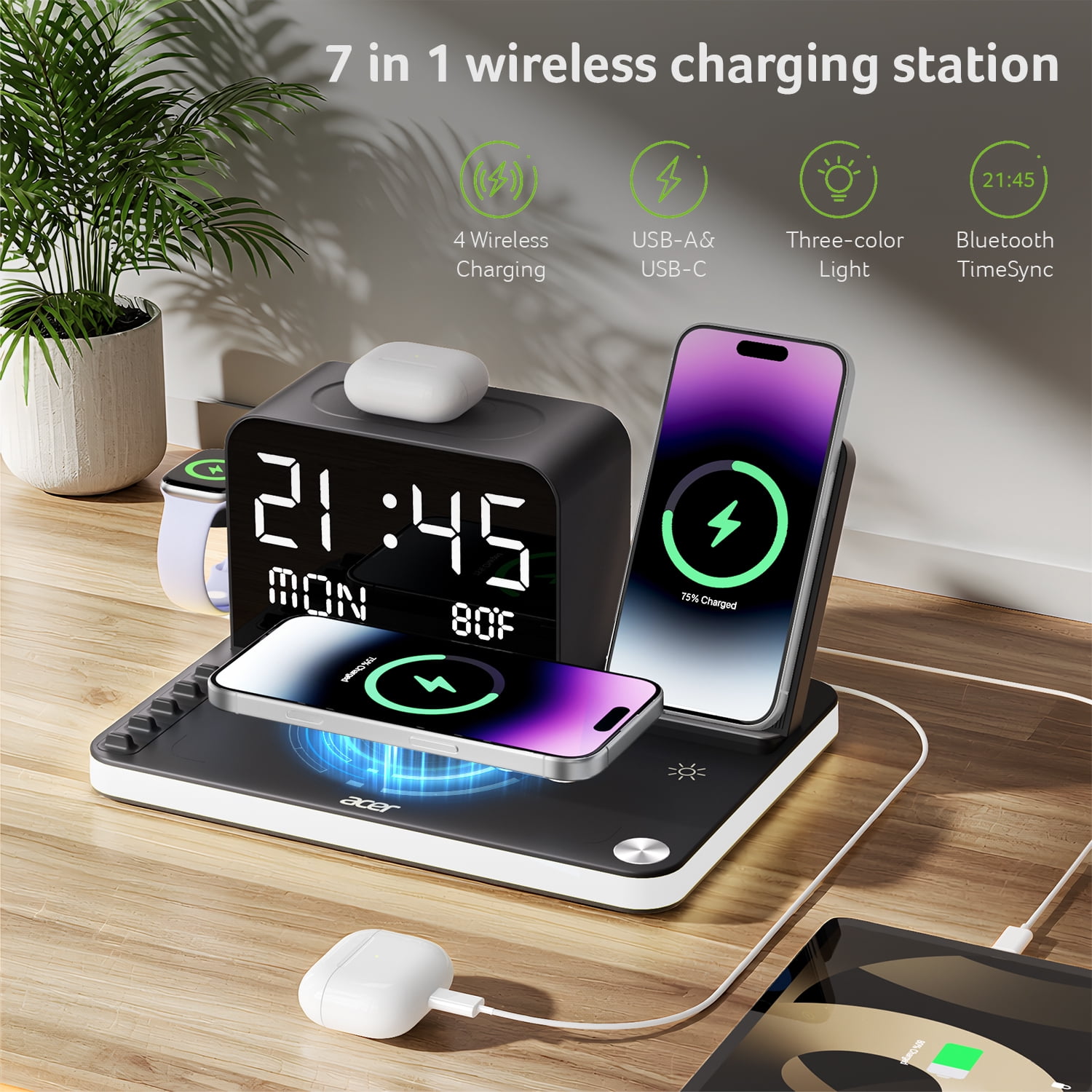 Acer 7-in-1 Wireless Charging Station for Apple and Android Devices (Black, 8.5 in x 6.3 in x 4.2 in) lyd39