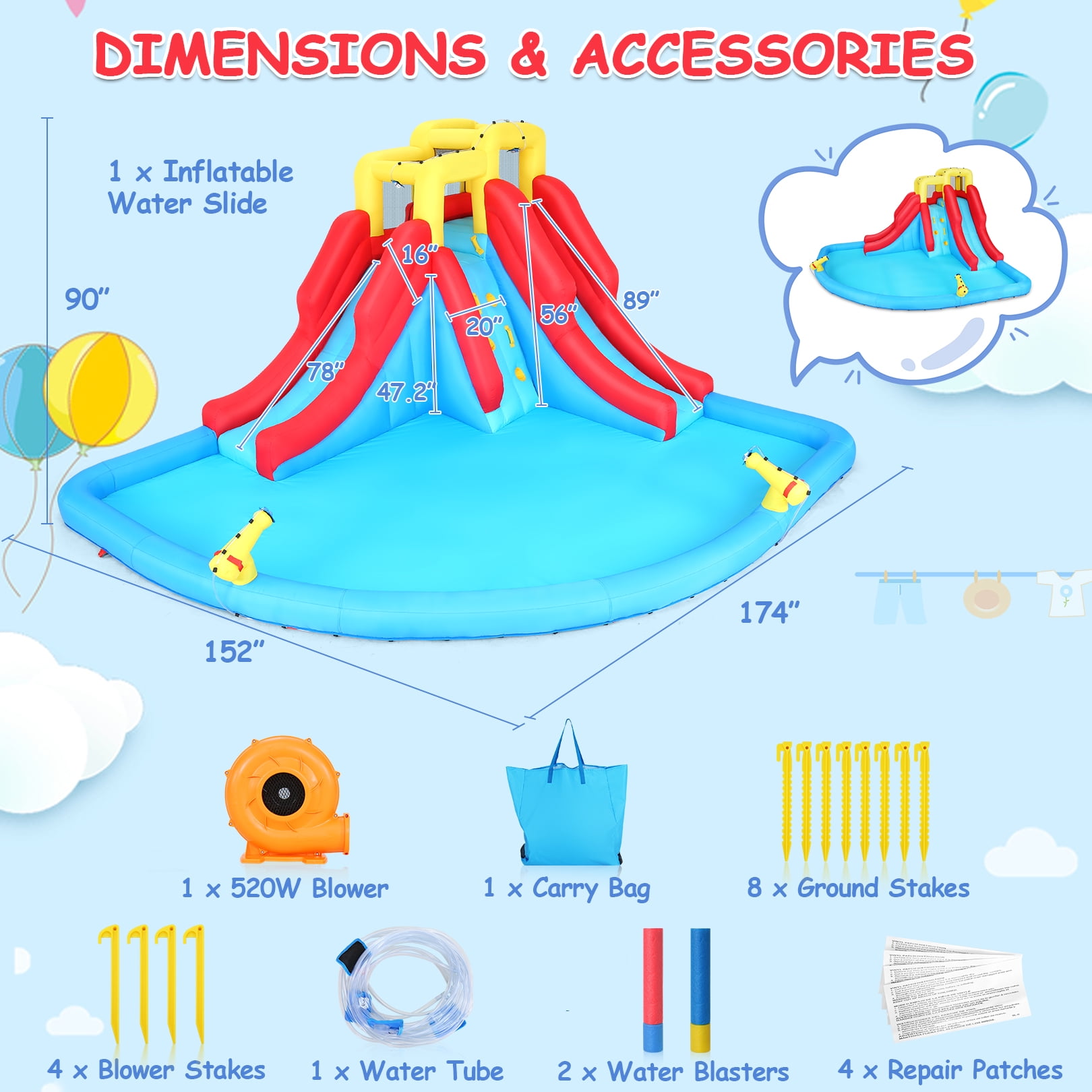 Veeboto Inflatable Water Slide Park with 440W Blower, Climbing Wall, Double Slides, and Splash Pool (Multicolor, 174 in x 152 in x 90 in) eocpf