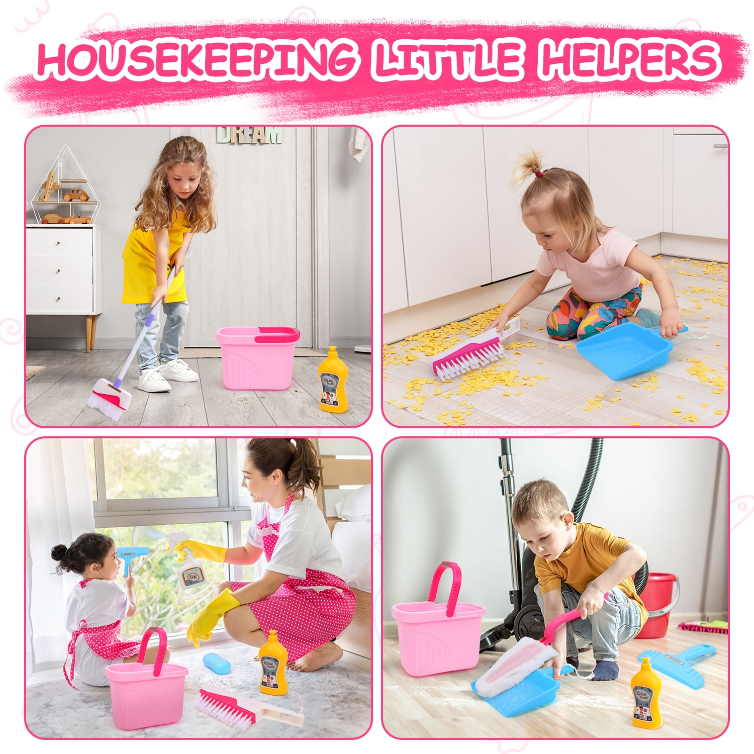 JoyStone 12-Piece Dinosaur Kids Cleaning Set, Pretend Play Housekeeping Kit for Toddlers (Pink, 12-Piece Set) uadep