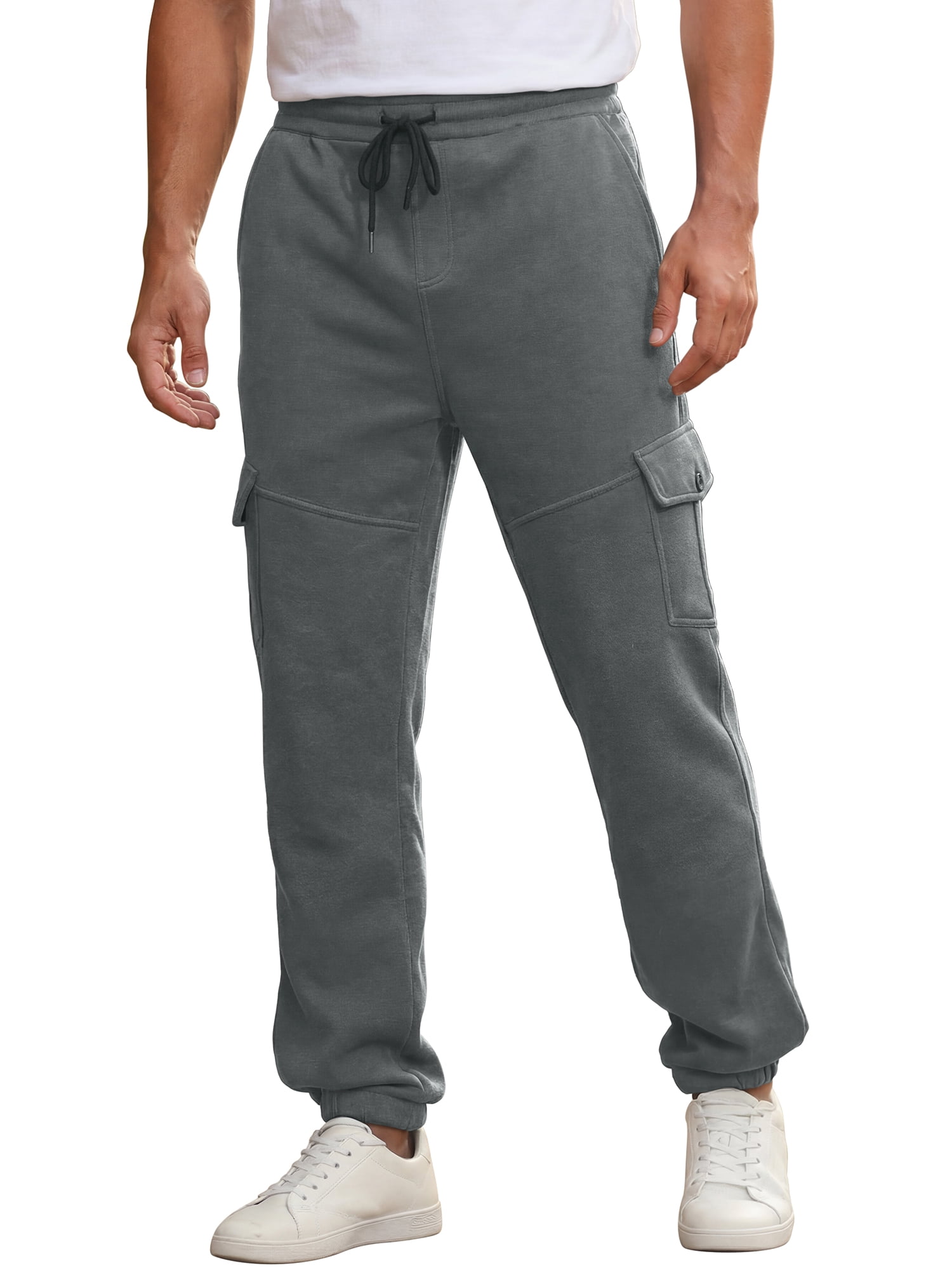 INSPIRE CHIC Men's Fleece Lined Cargo Sweatpants with Drawstring Waist and Multiple Pockets (Gray, 30 in) noc3n