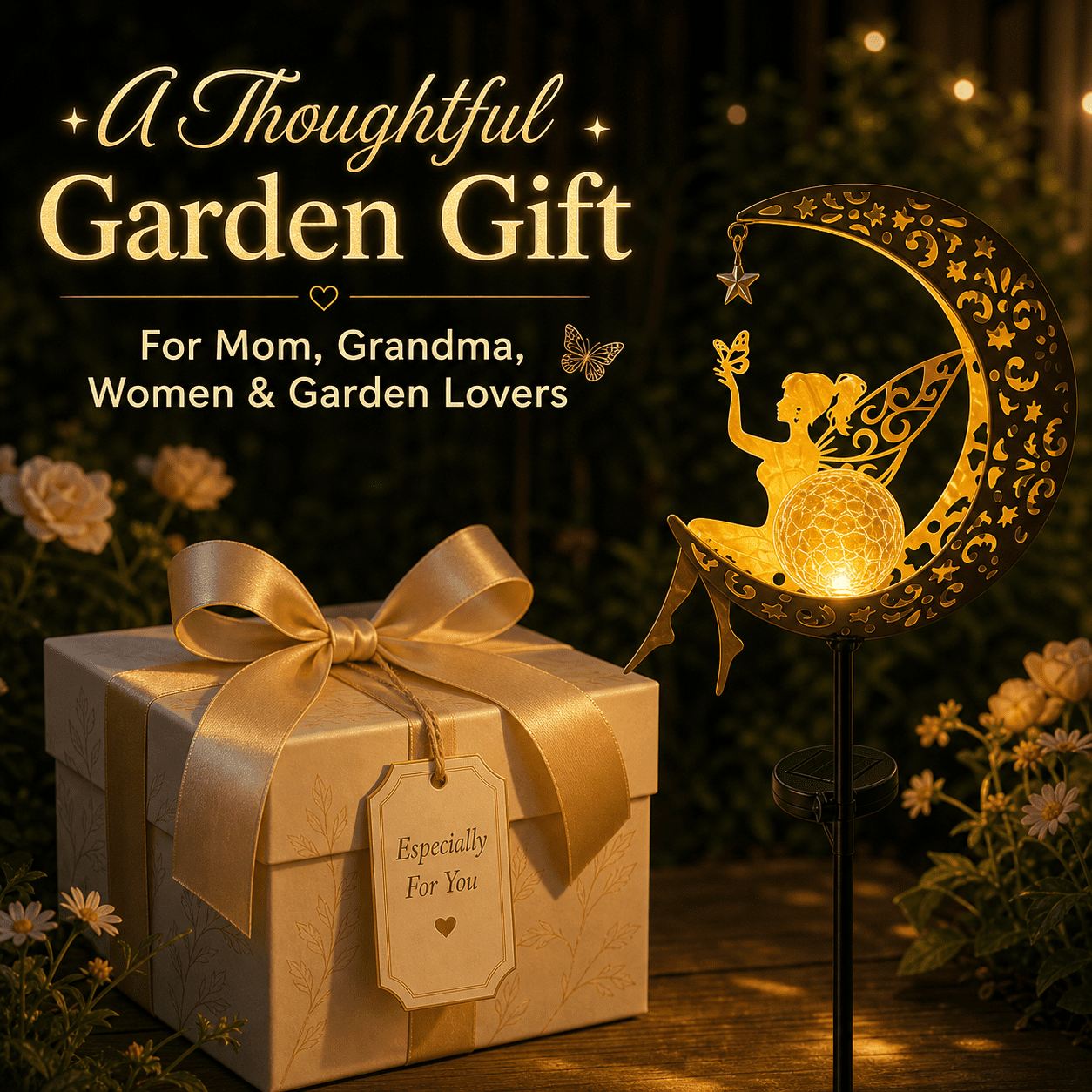 Mehoom Moon Fairy Solar Garden Lights, Decorative Outdoor Pathway Lighting (Gold, 32 in) nv92e