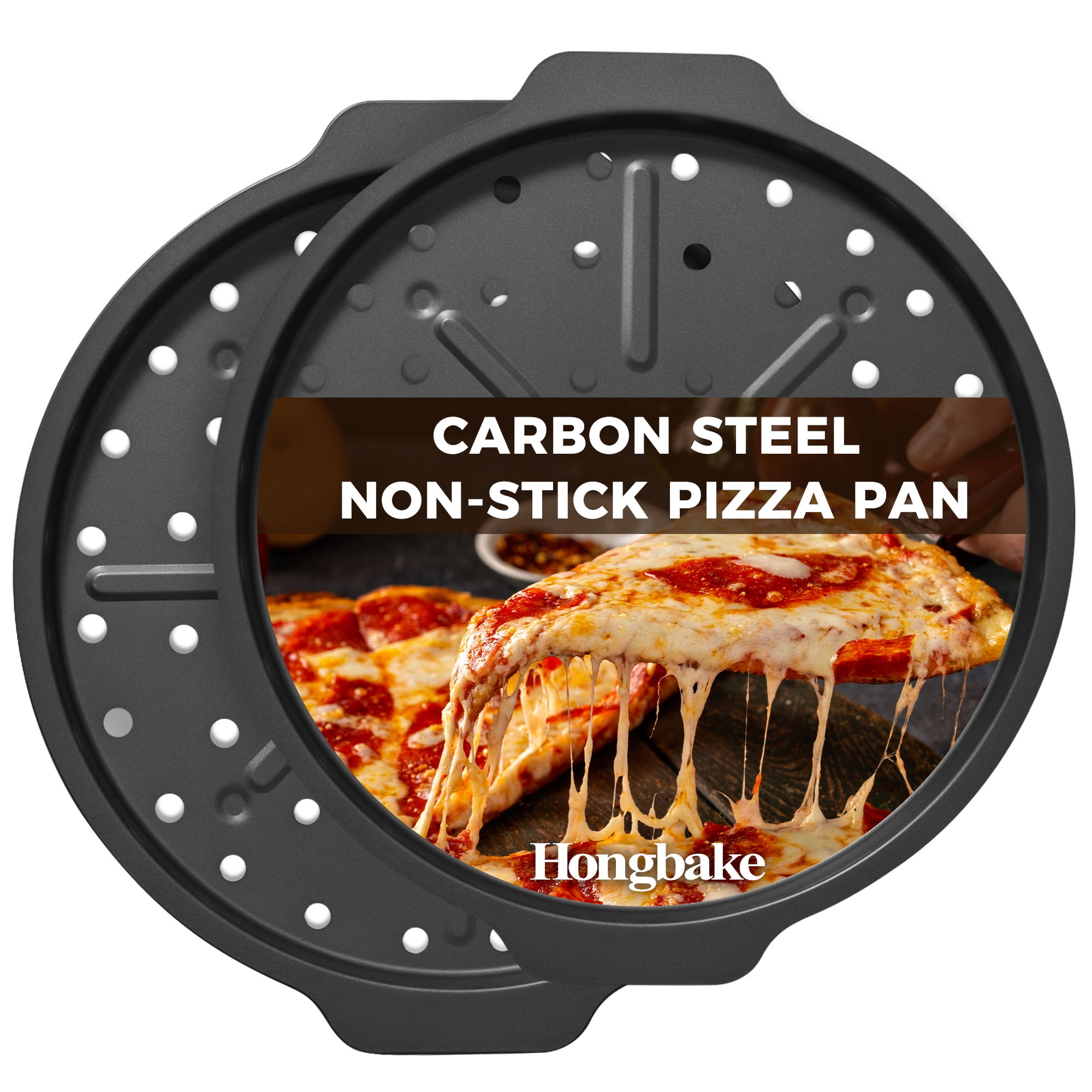 HONGBAKE 12 Inch Pizza Pan with Holes, Non-Stick Carbon Steel Perforated Crispy Pizza Tray for Oven (Grey, 2 Pack) zd968