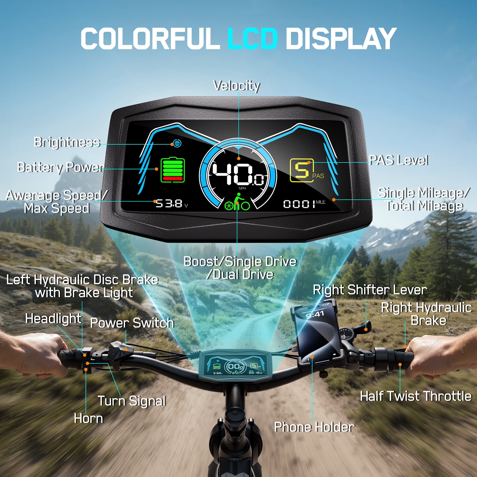 FENGQS 26 in Electric Mountain Bike, Dual Motor All-Terrain E-Bike with Full Suspension (Black, 26 in) dbdsj