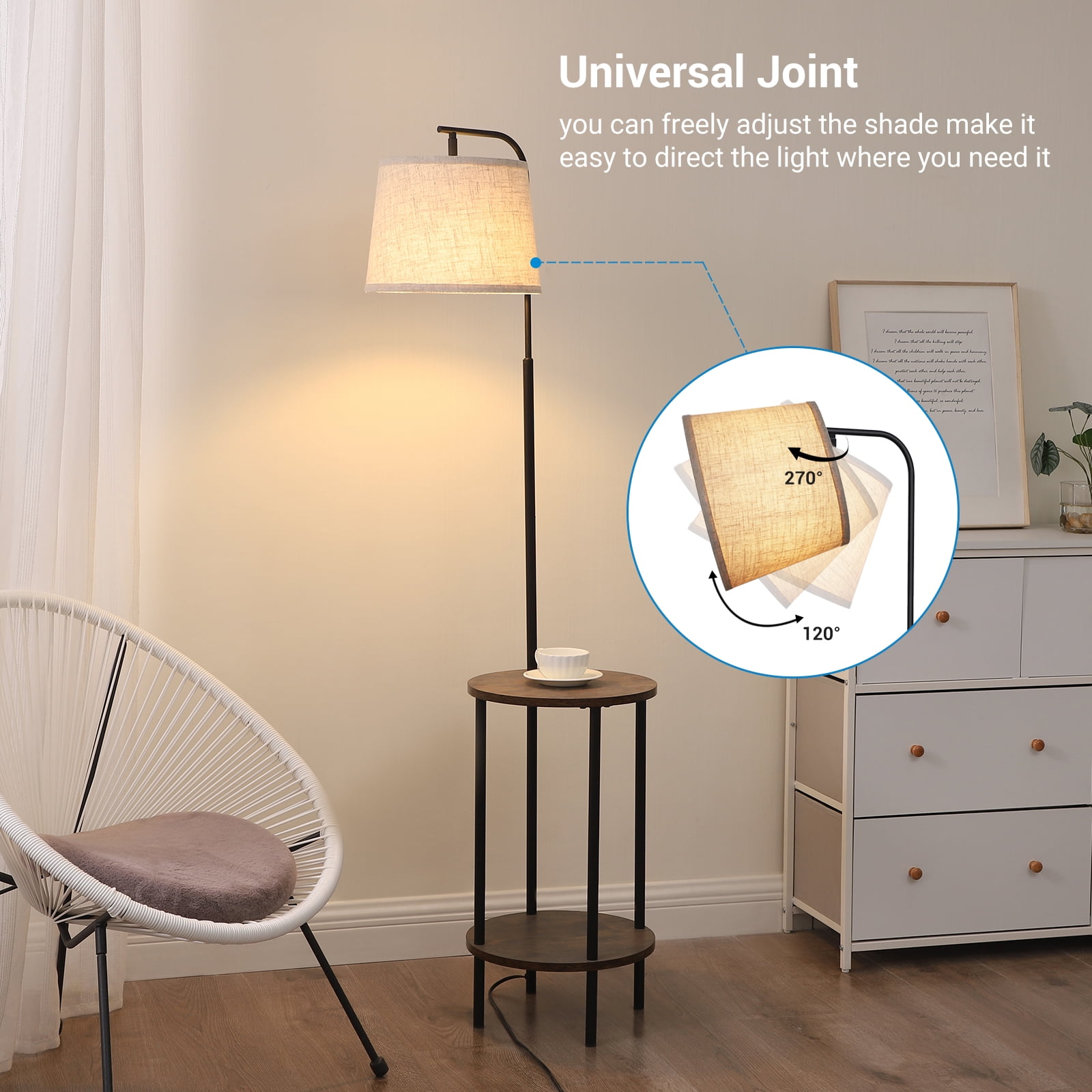 DEWENWILS Rustic Farmhouse Floor Lamp with Attached End Table, Adjustable Reading Light for Living Room and Bedroom (Brown, 62 in) lvb6r