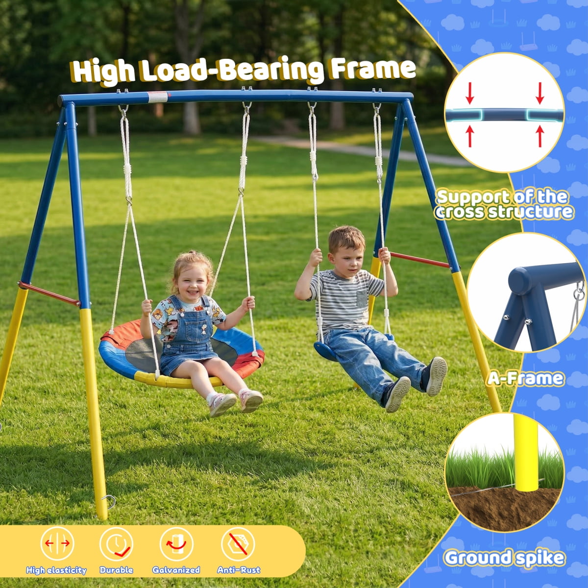 LIANGKA Heavy-Duty A-Frame Metal Swing Set with Saucer and Belt Seats (Blue, 330 lb) q4nxm