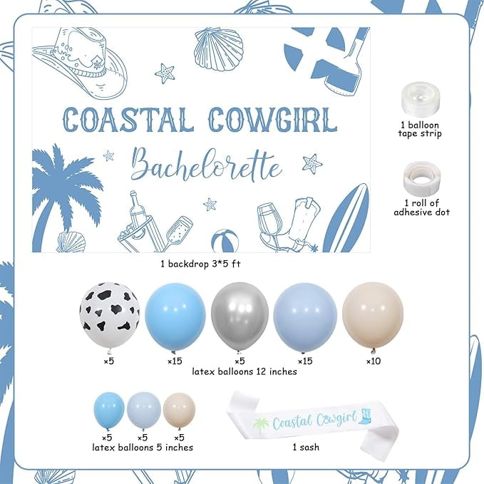 Coastal Cowgirl Bachelorette Party Decoration Set with Backdrop Sash and Balloon Garland Arch Kit (Blue, 65-Piece Set) wpplo