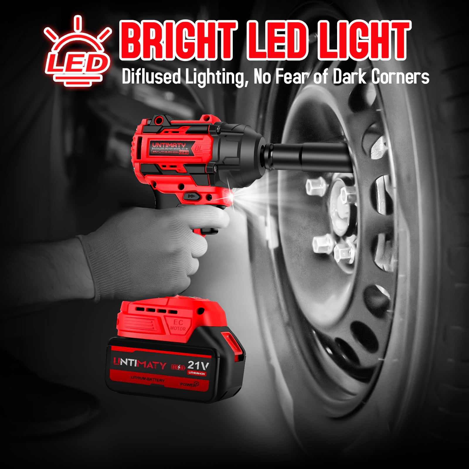 UNTIMATY Brushless Impact Wrench 1/2-inch Cordless Power Tool Set with 4.0Ah Battery (Red, 23-Piece Kit) zcqgl