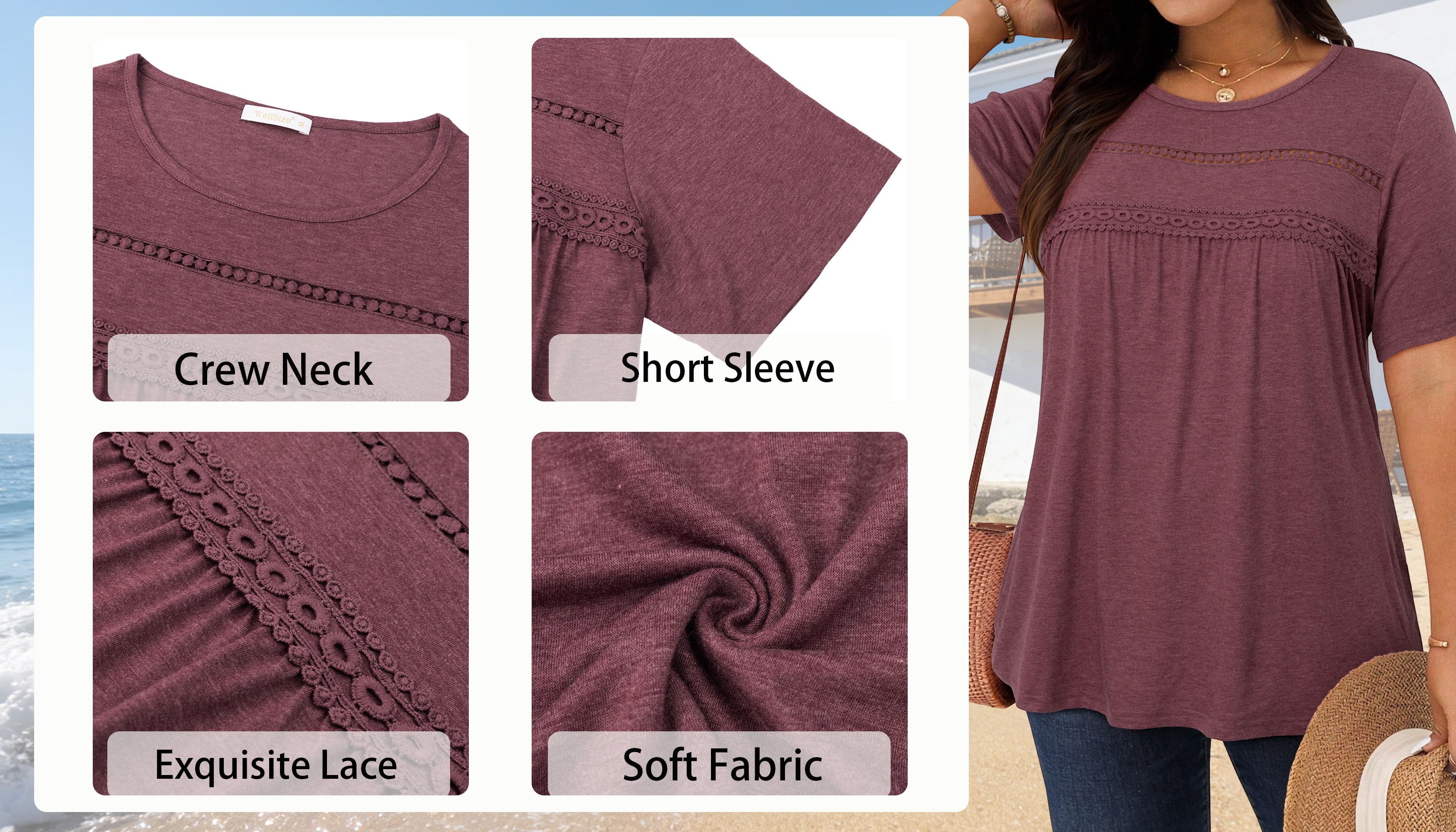 WellSize Women Plus Size Lace Tunic Blouse Casual Crew Neck Short Sleeve Summer Shirt (Brown, XXL) r1k85