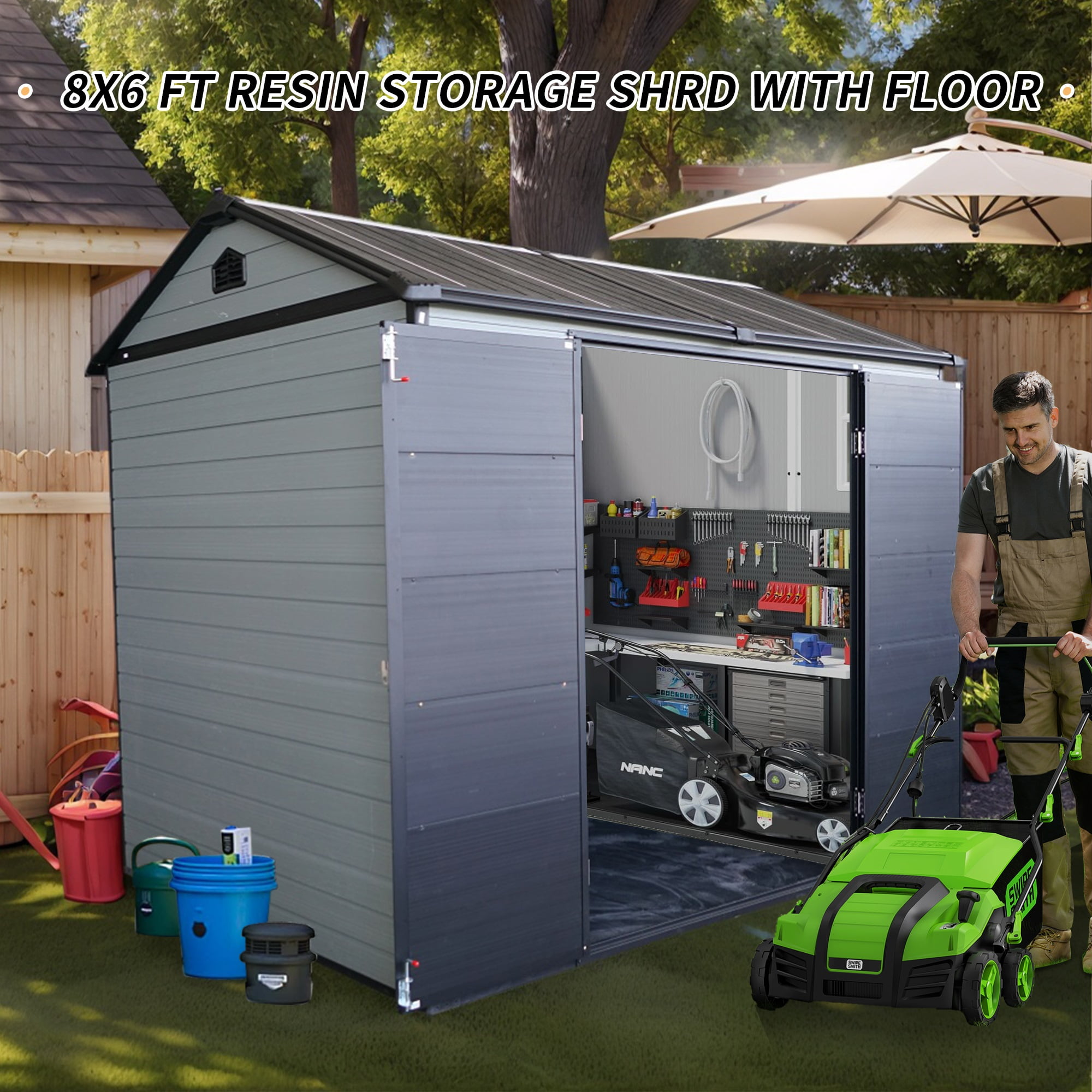 DELICOZE Outdoor Resin Garden Tool Shed with Floor, 2 Windows, and Lockable Door (8 ft x 6 ft) kfcda