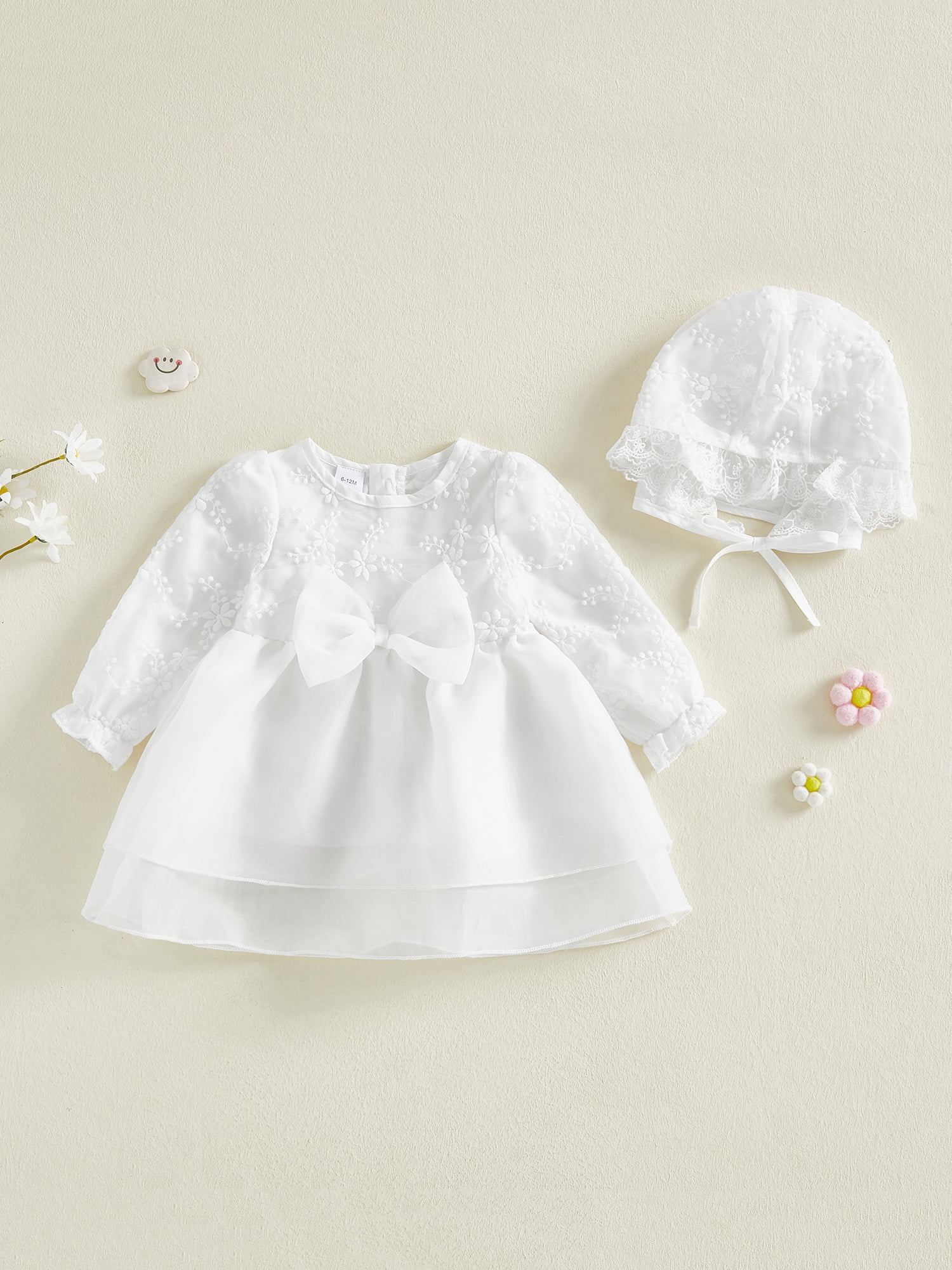 BemeyourBBs Newborn Baby Girls Tulle Tutu Dress with Hat, Floral Embroidery Long Sleeve Christening Outfit (White, 0-6 Months) eqz3w