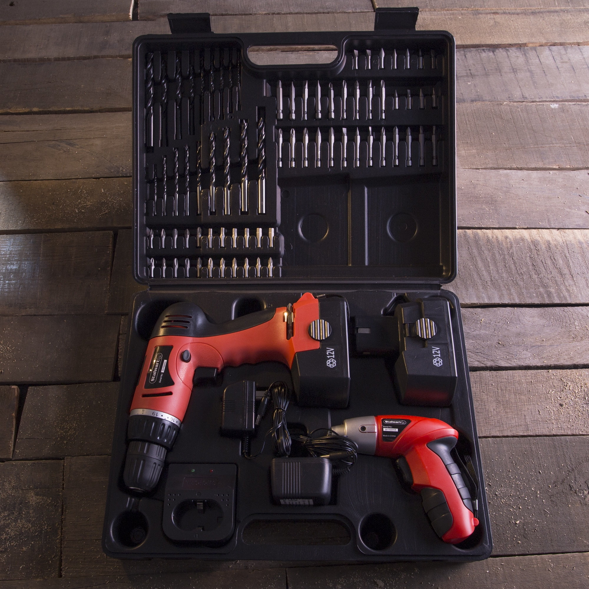 Stalwart 74-Piece 12V Cordless Drill and 3.6V Screwdriver Power Tool Set (Red, 74-Piece) 7we7u