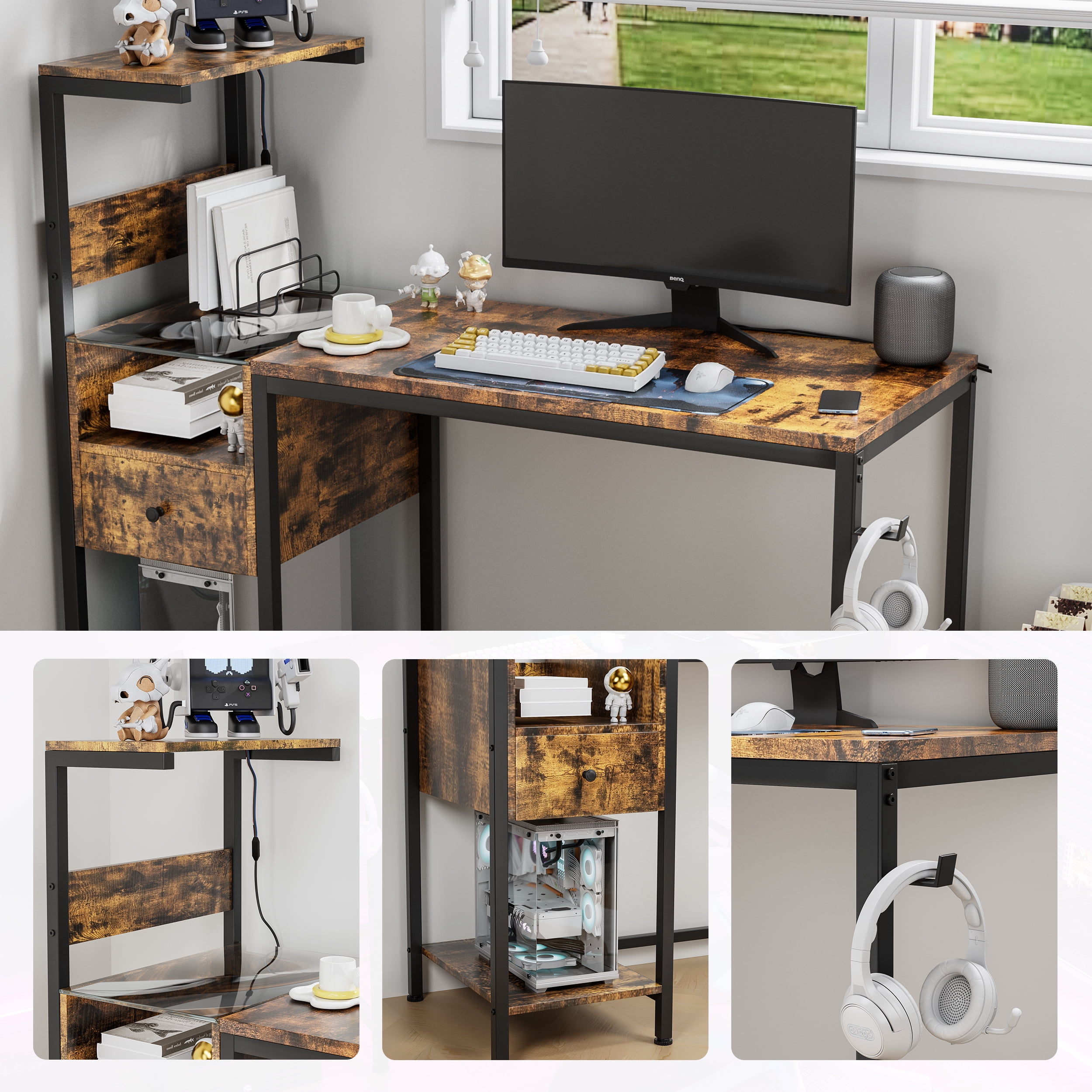PuppyCheer Computer Desk with Power Outlet and Storage Shelves, Home Office Workstation with USB Charging Station (Brown, 48 in) on46h