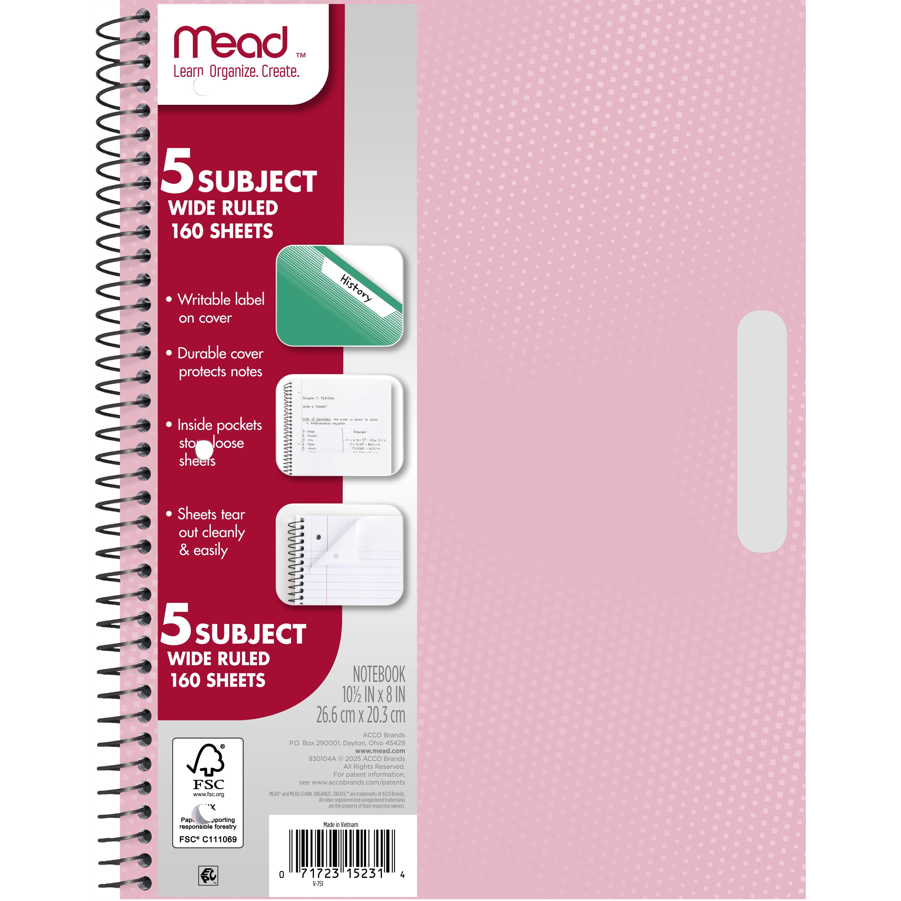 Mead 5 Subject Wide Ruled Spiral Notebook (Pastel Pink, 8 in x 10.5 in, 160 Sheets) wvvv5