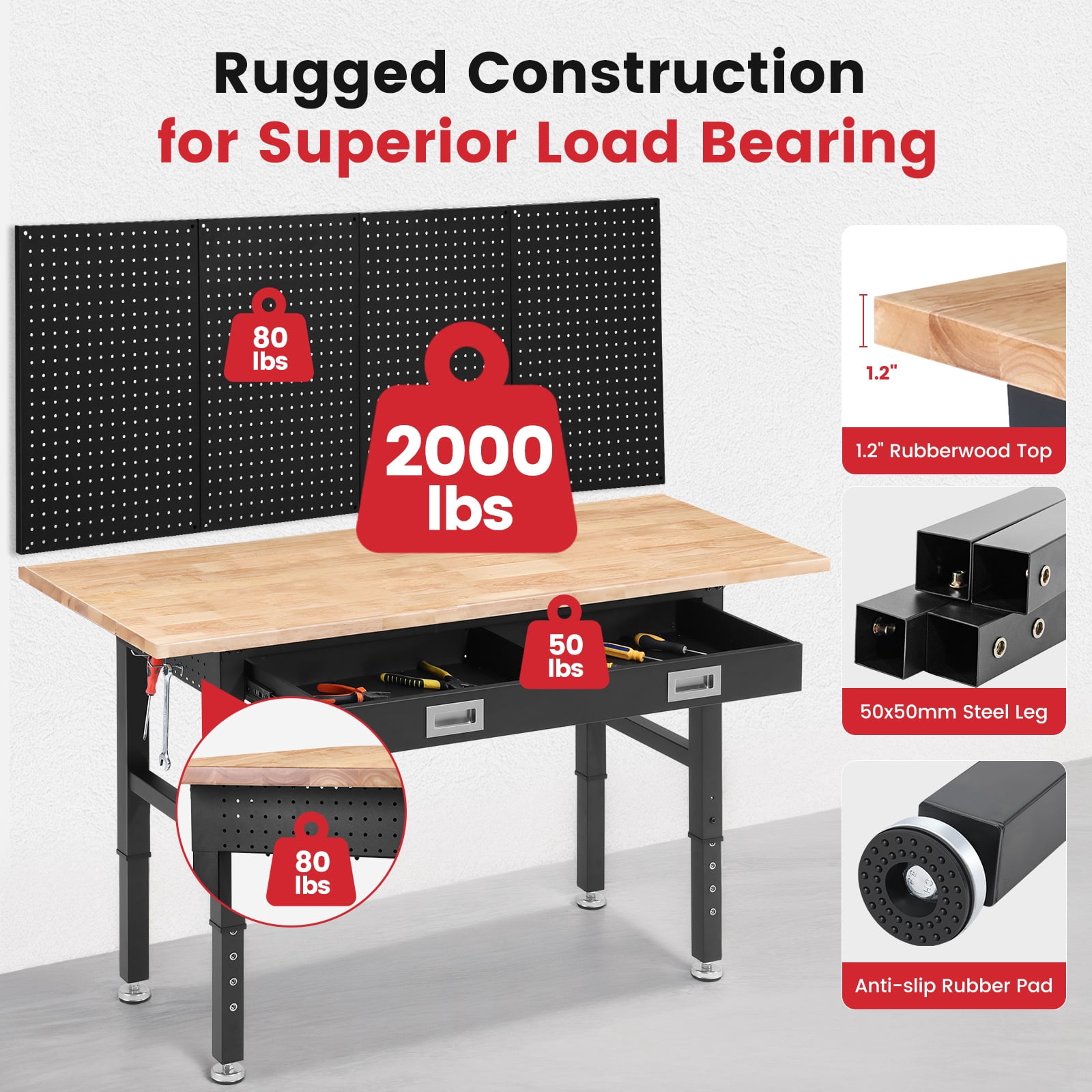 ENJOYWOOD Heavy Duty Garage Workbench with Pegboard and Drawers (Brown, 60 in) a6cz5