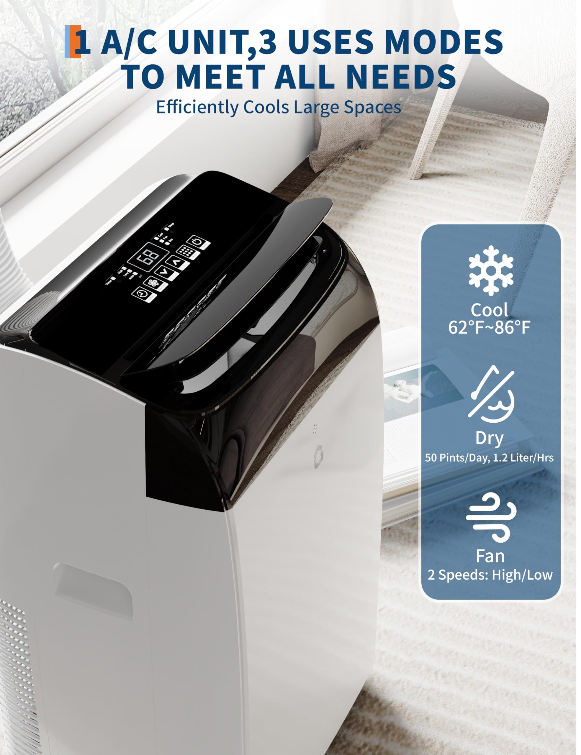 Jojoka Portable Air Conditioner 14,000 BTU 3-in-1 Cooling Unit with Dehumidifier and Fan (White, 750 Sq.Ft) q3evd