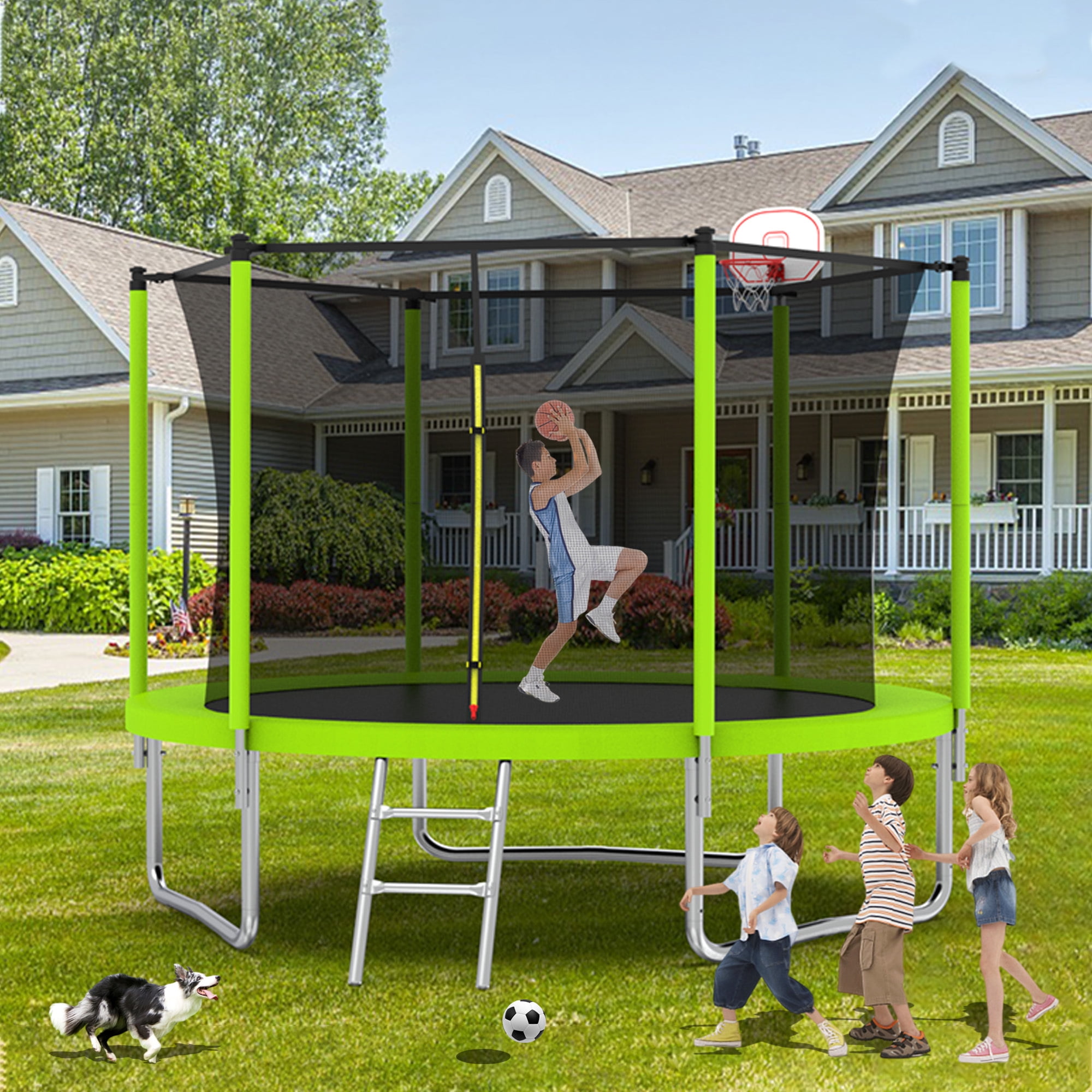 Leumius 10 ft Outdoor Trampoline for Kids with Basketball Hoop and Safety Enclosure Net (Green, 10 ft) 5ymx0