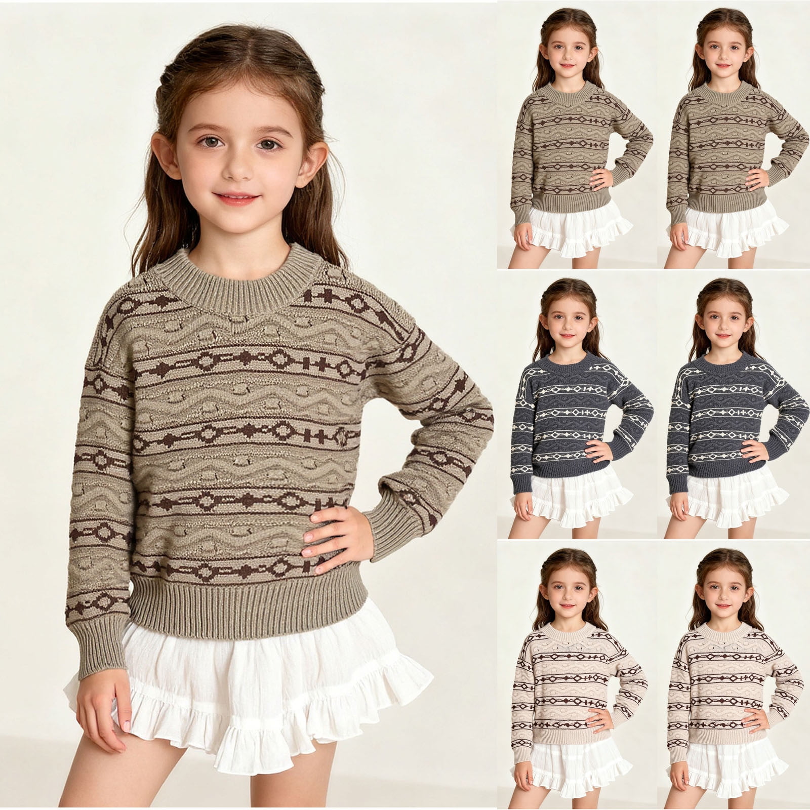 YHAJDS Kids Knitted Cable Sweater Striped Long Sleeve Pullover (Beige, 6-7 Years) uy1ov