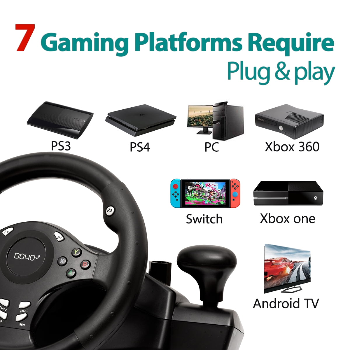DOYO Racing Wheel for PC, PS4, Xbox One, Switch, 270° Steering Wheel with Pedals and Gear Shifter (Black, 1 Unit) 1jie9