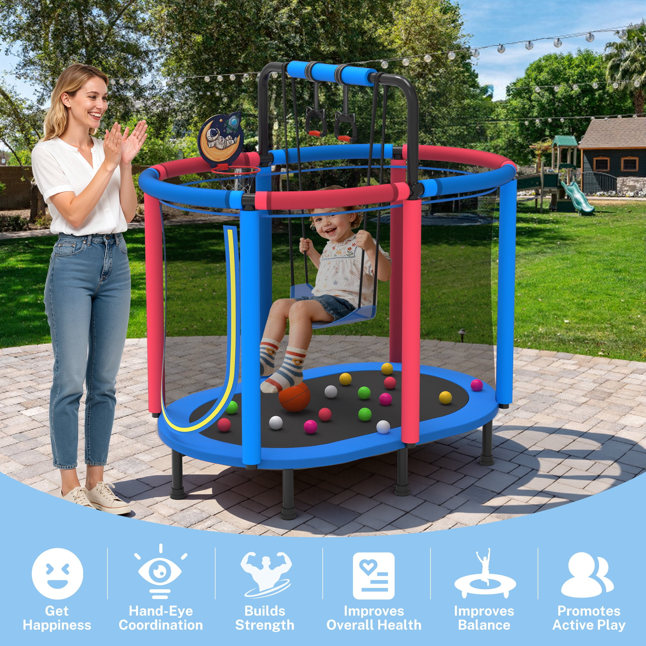 Segmart Kids Trampoline with Safety Enclosure, Basketball Hoop, Swing, and Gymnastic Rings (Blue, 60 in) zgj3e