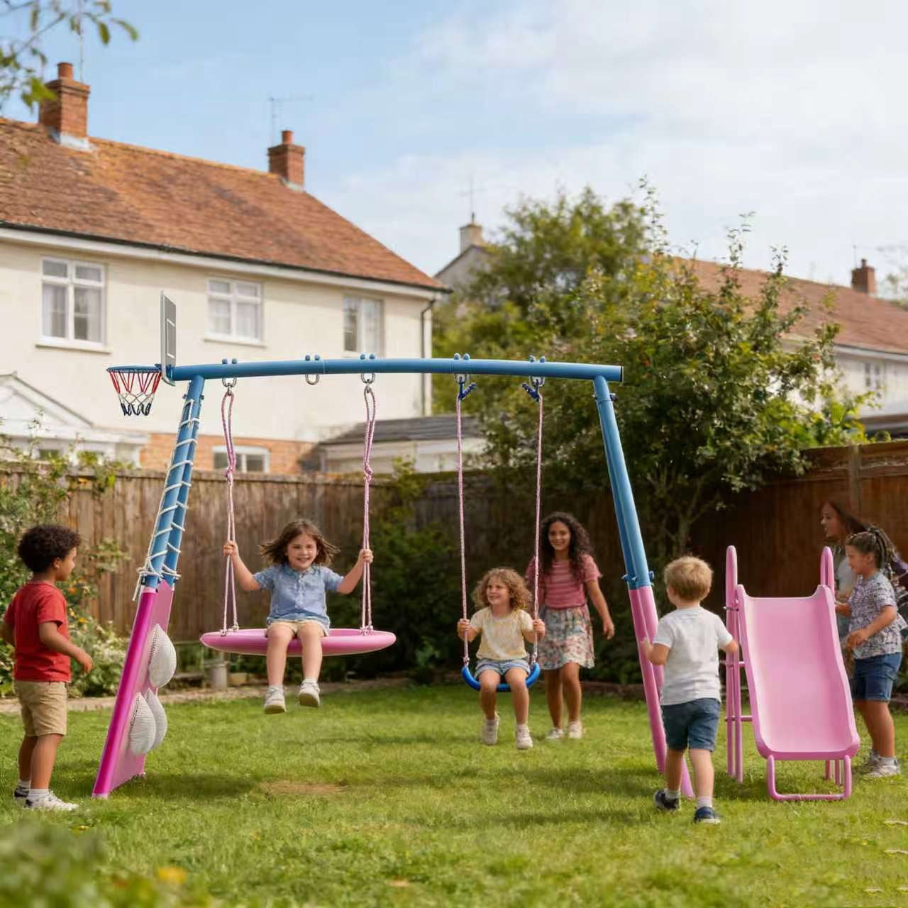 Shengchao Trade Heavy-Duty Metal Outdoor Swing Set with Slide and Basketball Hoop (Pink and Blue, 440 lb) yld0f