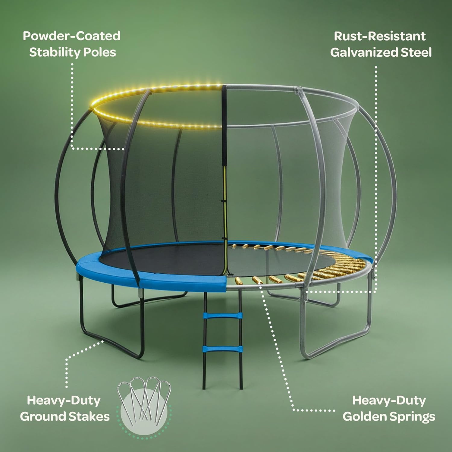 JoyBerri Outdoor Trampoline with Safety Enclosure, Ladder, LED Lights & Sprinkler (Blue, 15 ft) r0idr