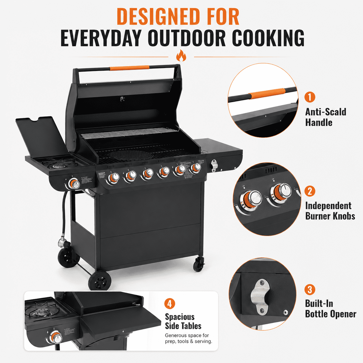Seizeen 4 Burner Propane Gas Grill with Side Burner, Outdoor Stainless Steel BBQ Grill (Black, 46790 BTU) eavsv