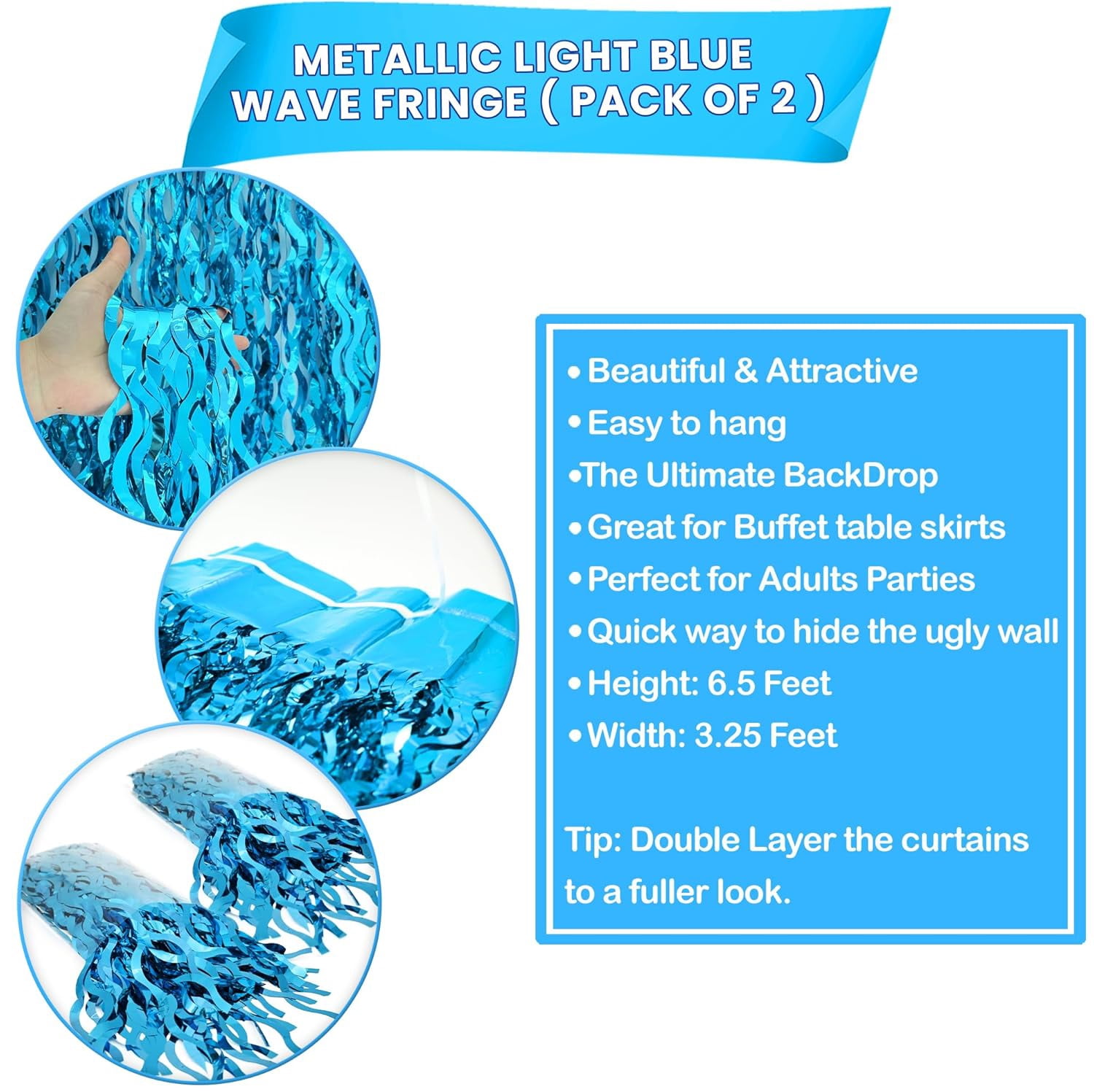 MEYSIMOON Wavy Foil Fringe Curtain Backdrop for Beach and Pool Party Decorations (Blue, 2 Pack, 3.2 ft x 6.5 ft) lr2do