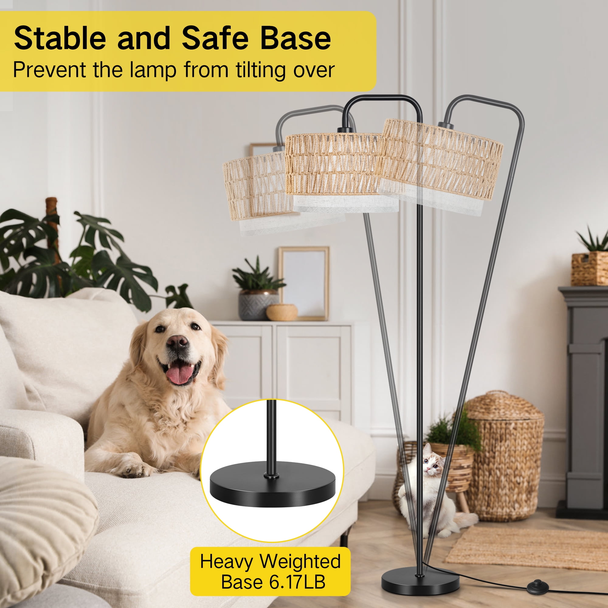 Outon Boho Floor Lamp with Rattan and Linen Double Shades, Adjustable Color Temperature Standing Lamp for Living Room (Black, 6 ft Cord) f2sue