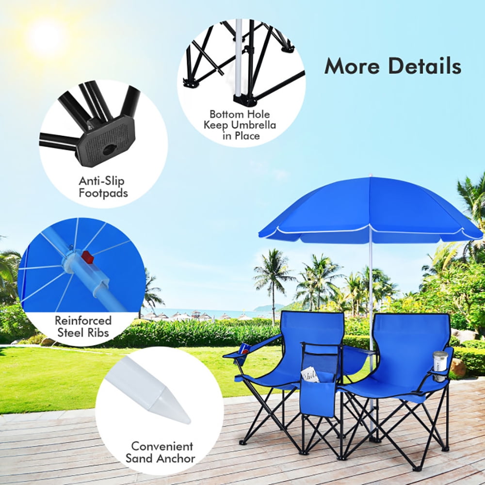 YYAo Double Folding Camping Chair with Umbrella and Cooler Bag (Blue, 2-Seat) 0x3dx