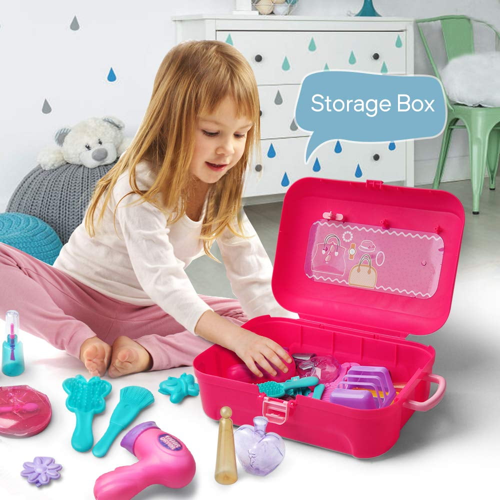 GLUAAE Pretend Play Makeup Set for Kids, Princess Beauty Salon Activity Kit with Portable Backpack (21 Pieces, 9.4 in x 7 in x 3.5 in) ag7a8