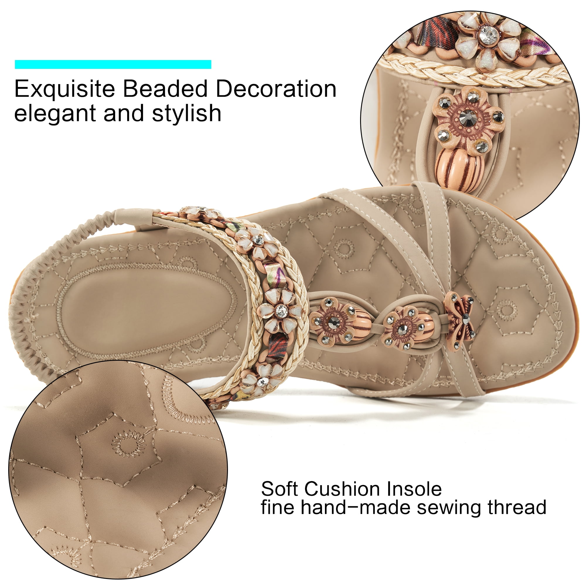 Ablanczoom Womens Beaded Flat Sandals Arch Support Comfortable Summer Beach Shoes (Beige, 8) 7wcki