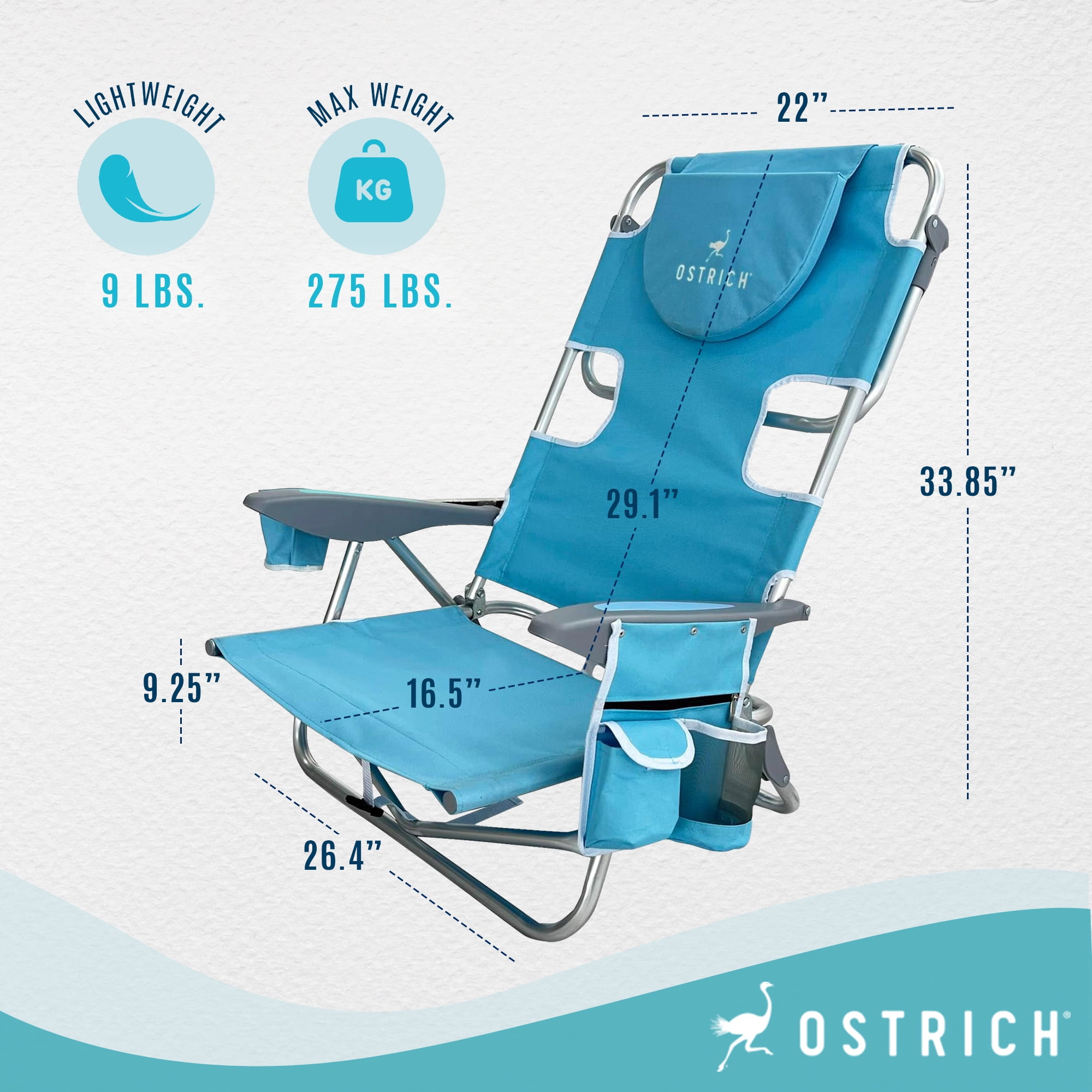 Ostrich Deluxe Backpacker Portable Beach Chair with Insulated Cooler Bag (Light Blue, 27.76 x 3.74 x 33.86 in) bt69j